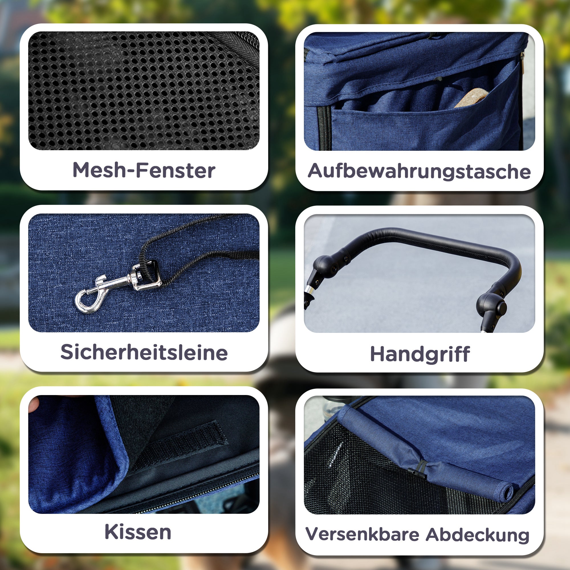 Lightweight Aluminum Folding Dog Buggy for Dogs & Cats - Dark Blue Cat Buggy with Cushion, Mesh Windows, Doors, Storage Basket, Cat Stroller