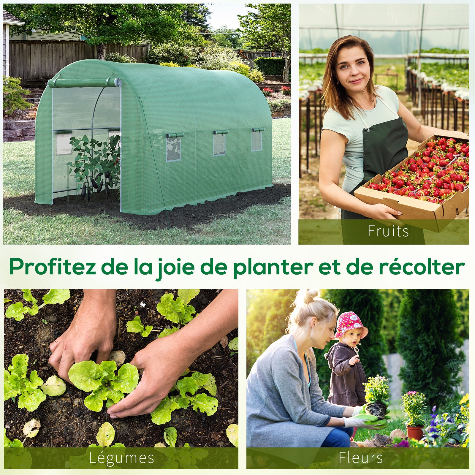 Garden Tunnel Greenhouse Ground Surface 8 m² 4L x 2W x 2.05H m Reinforced Tubular Frame Zippered Door 6 Roll-Up Windows Green