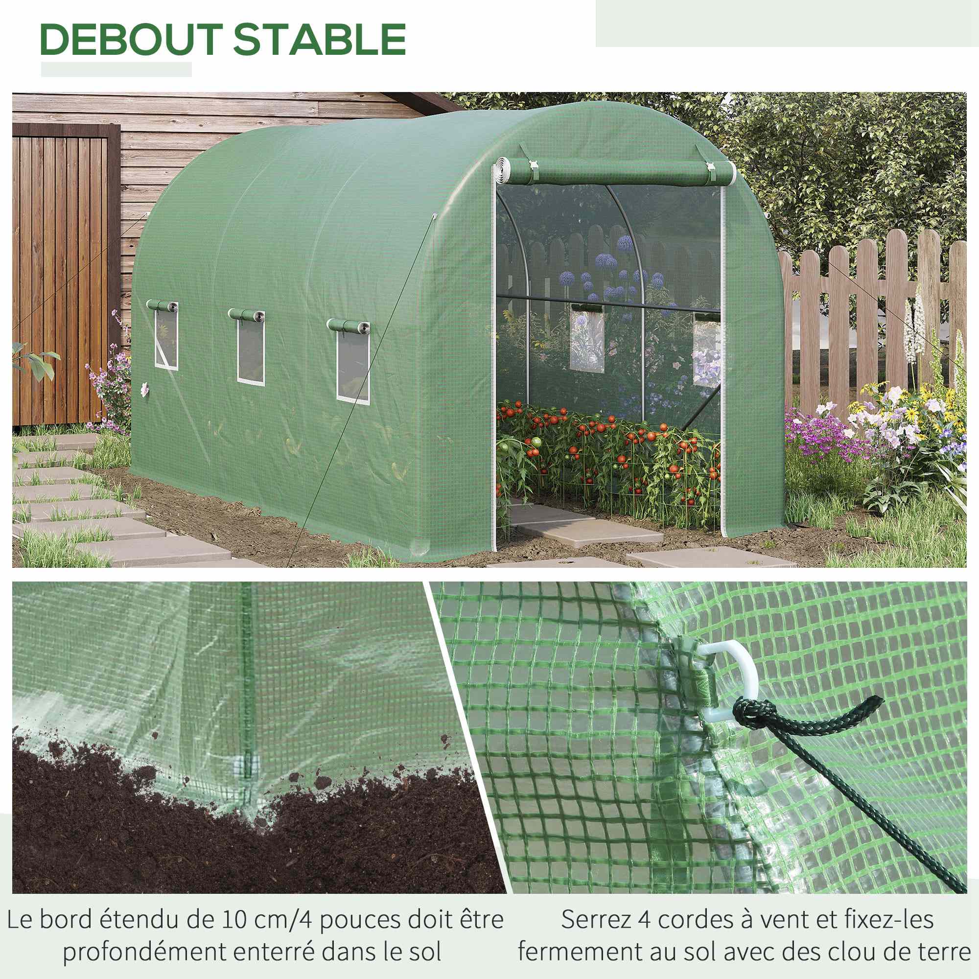 Garden Tunnel Greenhouse Ground Surface 8 m² 4L x 2W x 2.05H m Reinforced Tubular Frame Zippered Door 6 Roll-Up Windows Green