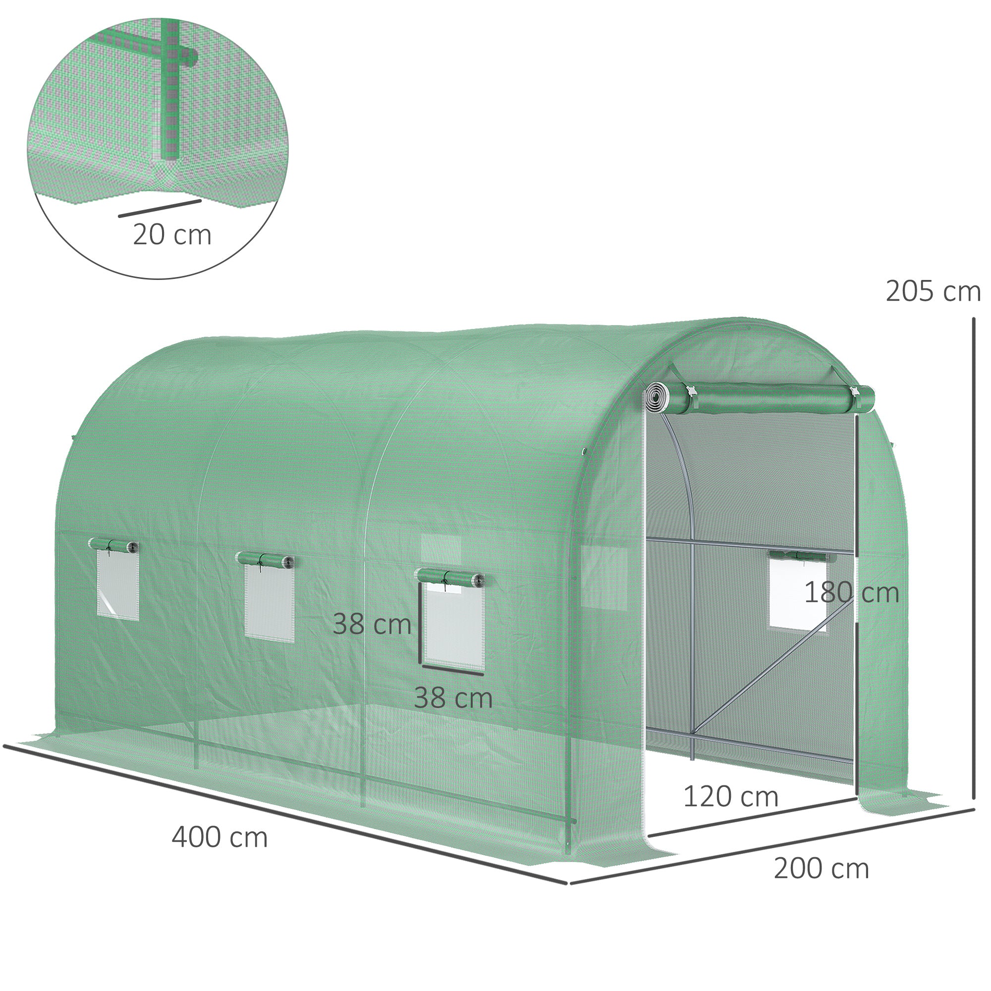 Garden Tunnel Greenhouse Ground Surface 8 m² 4L x 2W x 2.05H m Reinforced Tubular Frame Zippered Door 6 Roll-Up Windows Green