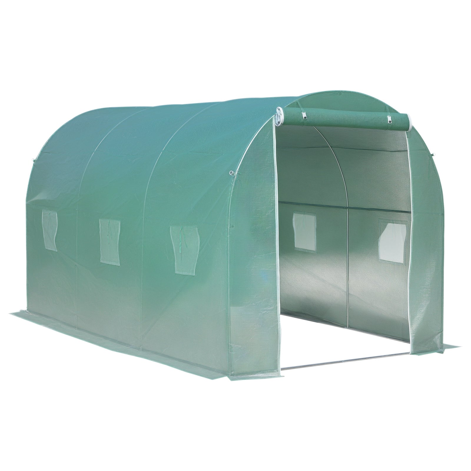 Garden Tunnel Greenhouse Ground Surface 8 m² 4L x 2W x 2.05H m Reinforced Tubular Frame Zippered Door 6 Roll-Up Windows Green