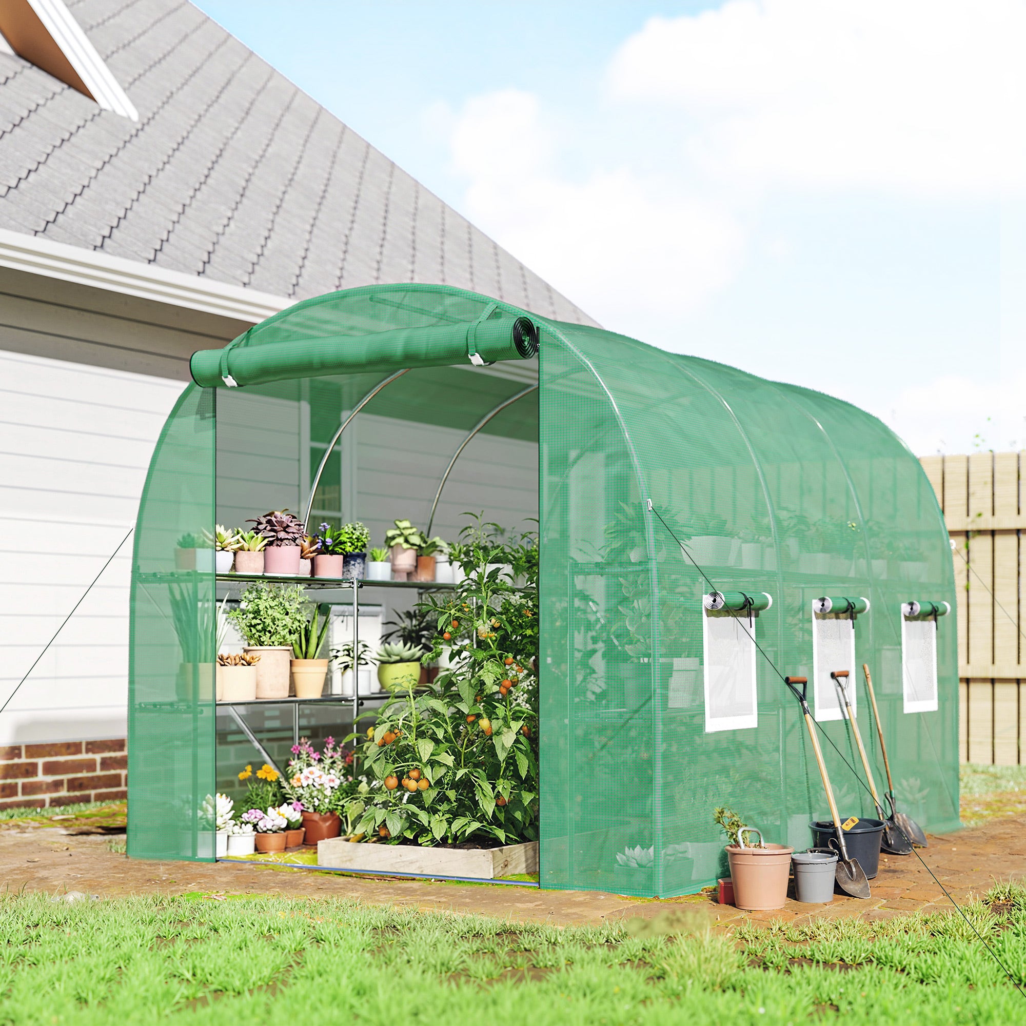 Outdoor Tunnel Greenhouse 6.5' x 9' x 6.3' with Shelves — Roll-Up Door, 6 Mesh Windows, UV PE Cover, Galvanized Steel Frame, Waterproof, Green