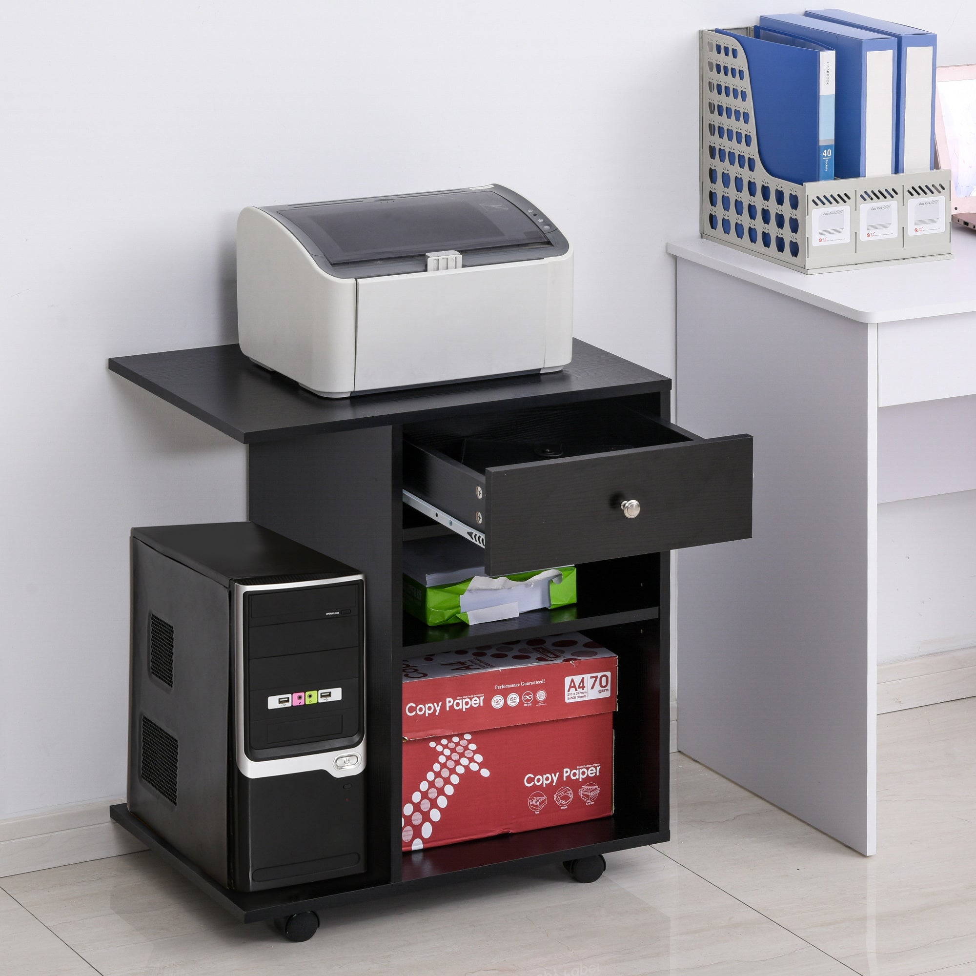 Printer Stand Desk Organizer with 2 Compartments Drawer CPU Space + Large Shelf Black Particle Board