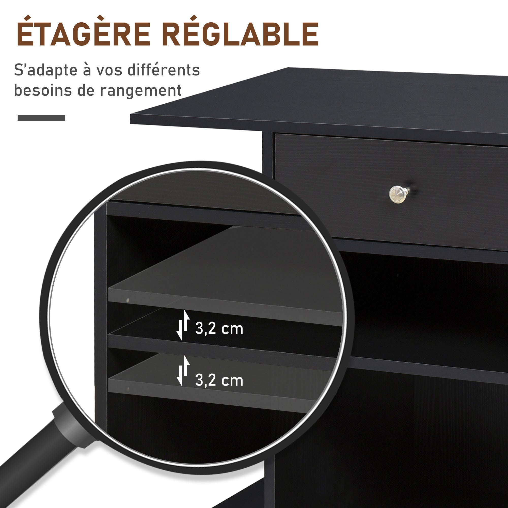 Printer Stand Desk Organizer with 2 Compartments Drawer CPU Space + Large Shelf Black Particle Board