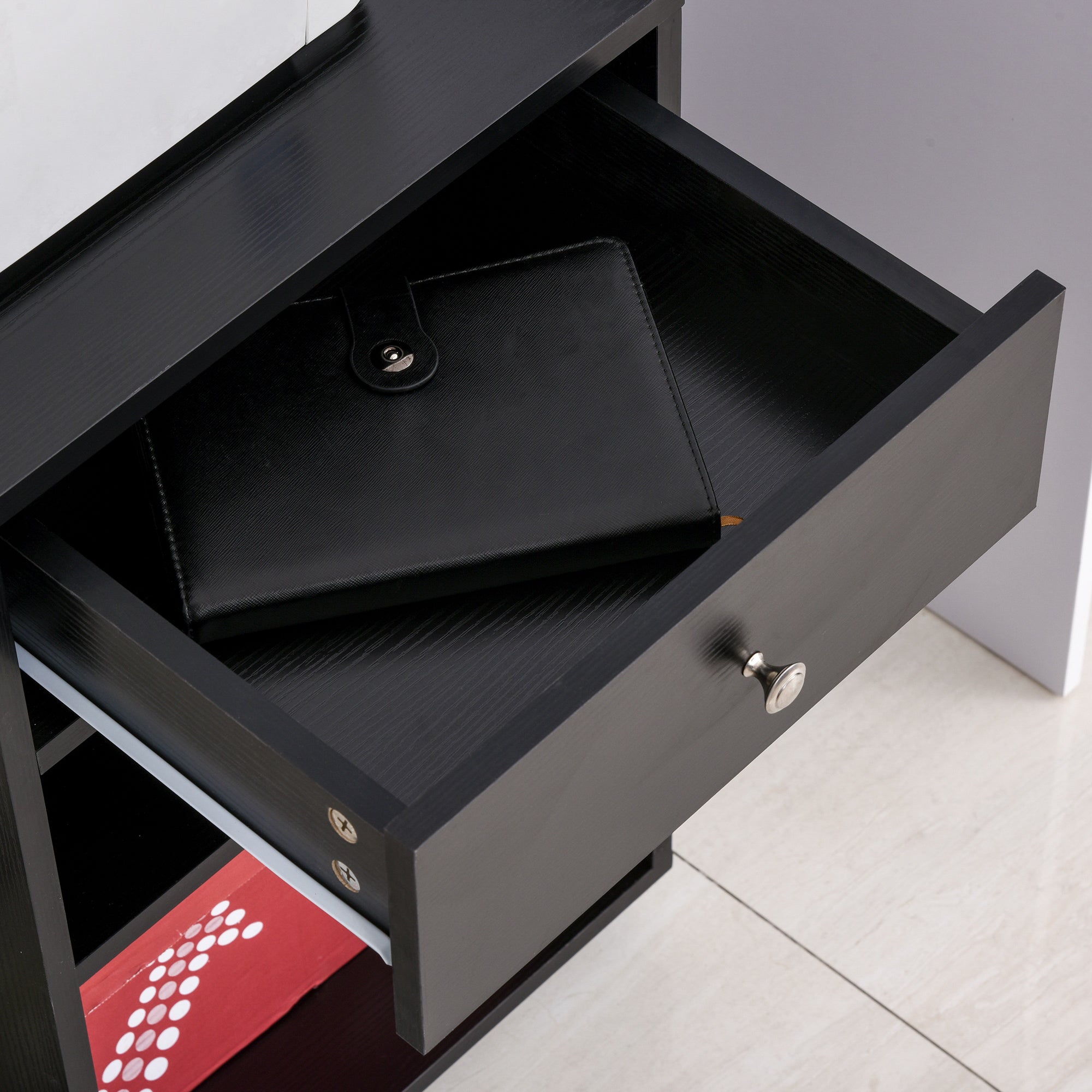 Printer Stand Desk Organizer with 2 Compartments Drawer CPU Space + Large Shelf Black Particle Board