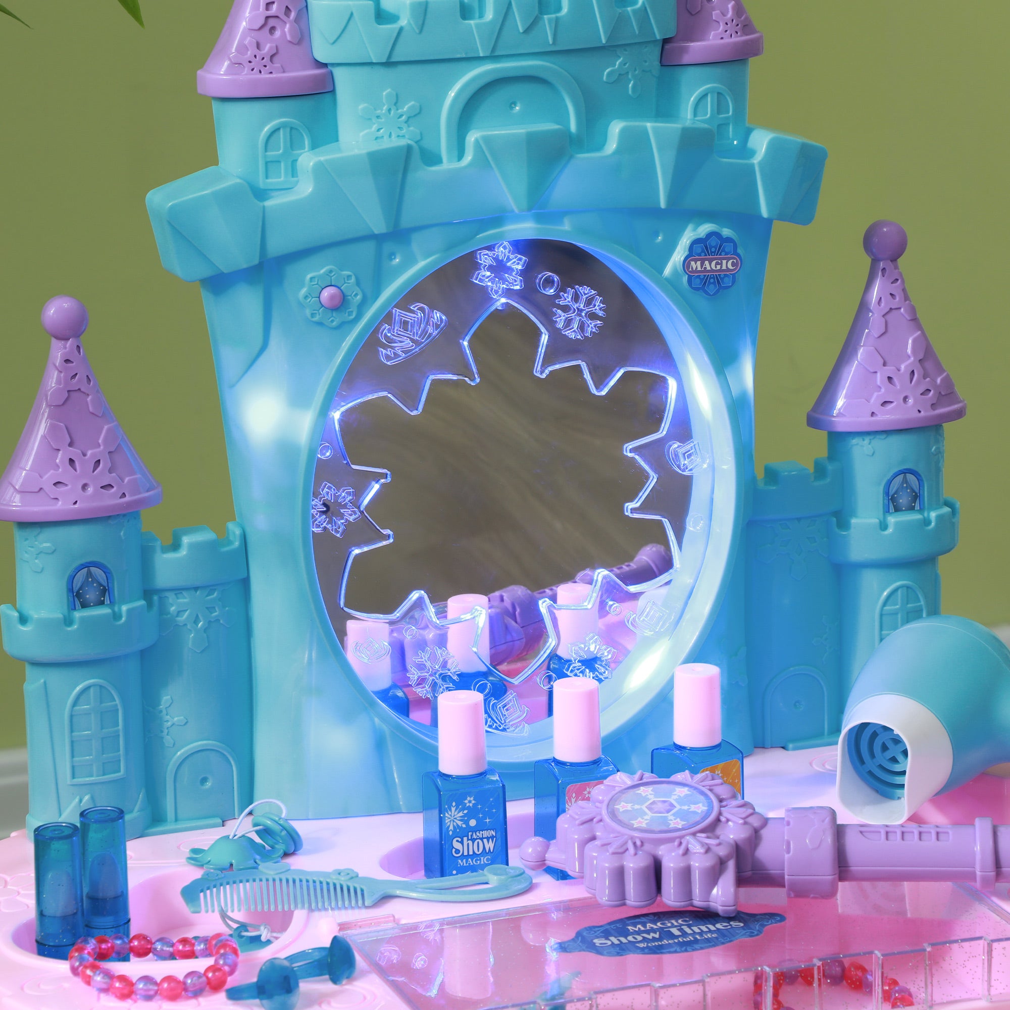 Children's Vanity Set 18 PCS with Mirror and Stool, Castle Design Makeup Table with Light, Music, Hairdryer, for Kids 3-6 Years Old, Multicolor