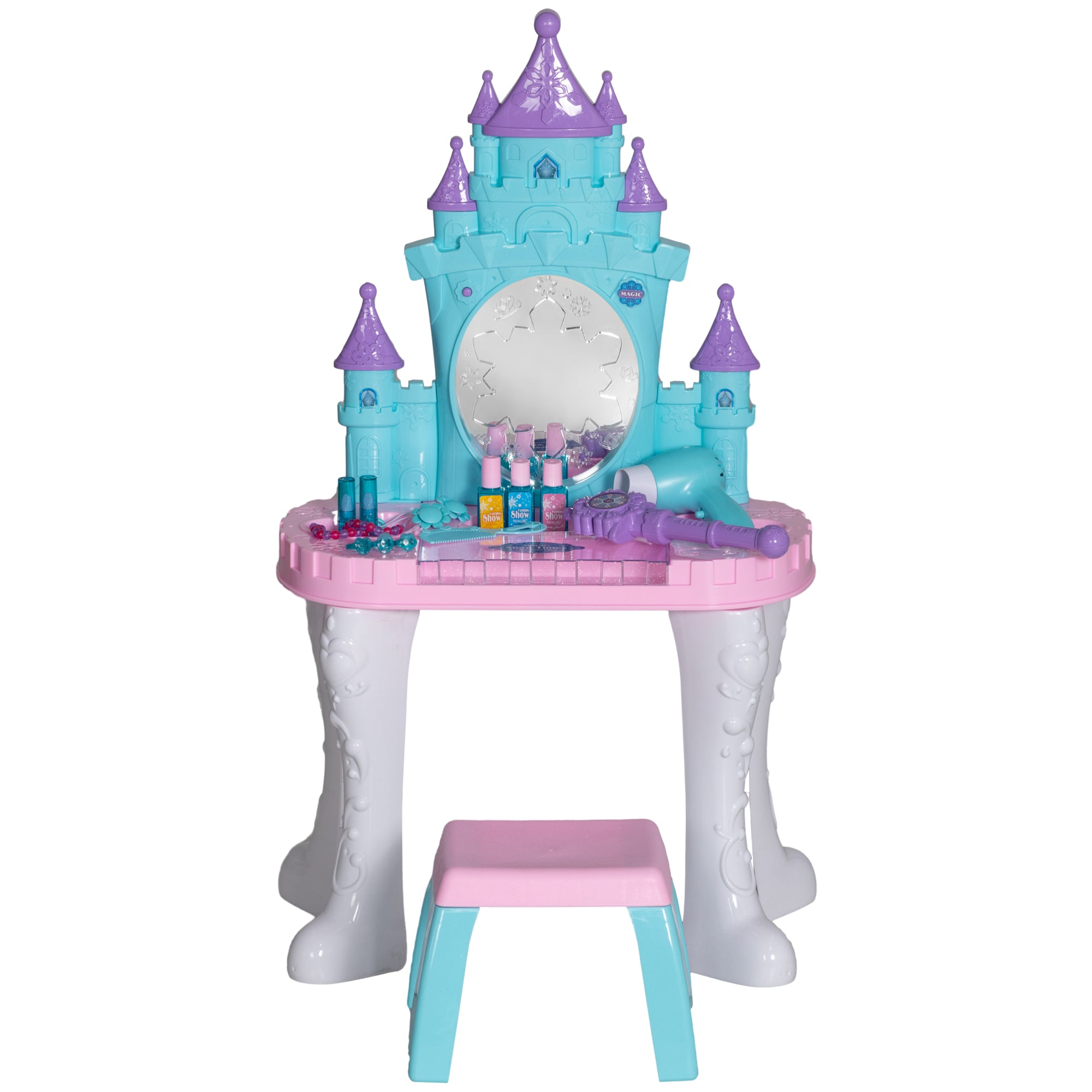 Children's Vanity Set 18 PCS with Mirror and Stool, Castle Design Makeup Table with Light, Music, Hairdryer, for Kids 3-6 Years Old, Multicolor