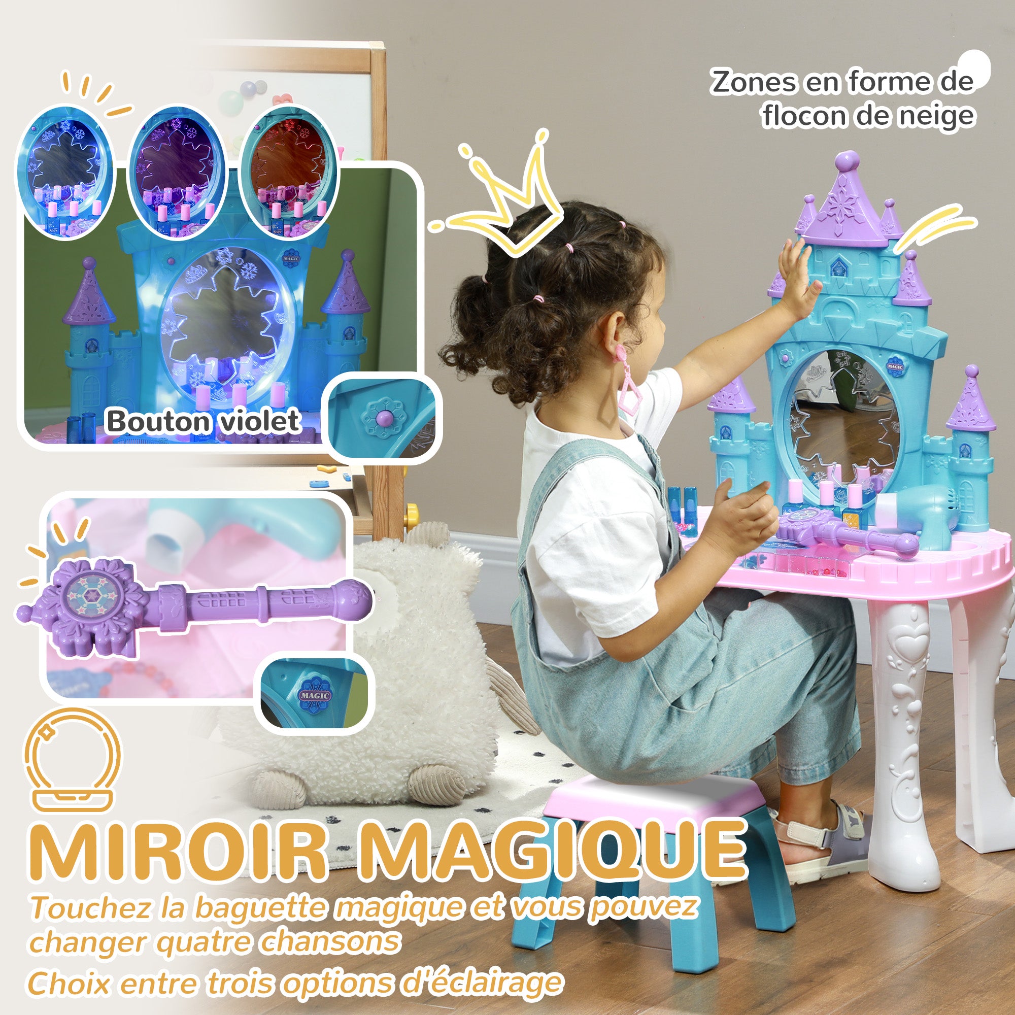Children's Vanity Set 18 PCS with Mirror and Stool, Castle Design Makeup Table with Light, Music, Hairdryer, for Kids 3-6 Years Old, Multicolor