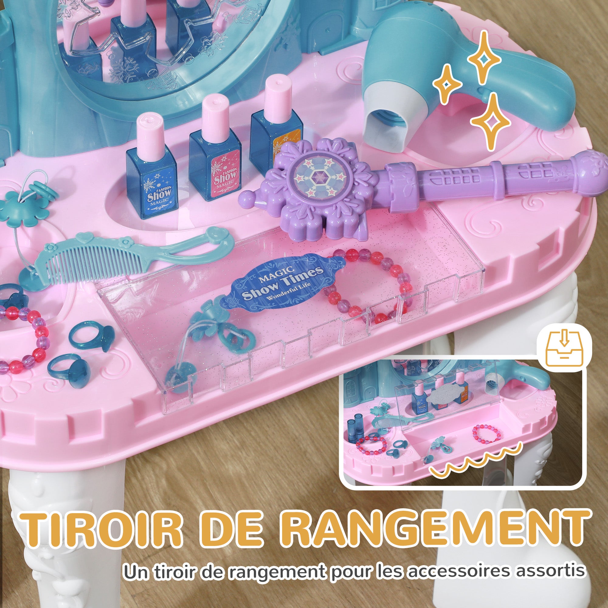 Children's Vanity Set 18 PCS with Mirror and Stool, Castle Design Makeup Table with Light, Music, Hairdryer, for Kids 3-6 Years Old, Multicolor