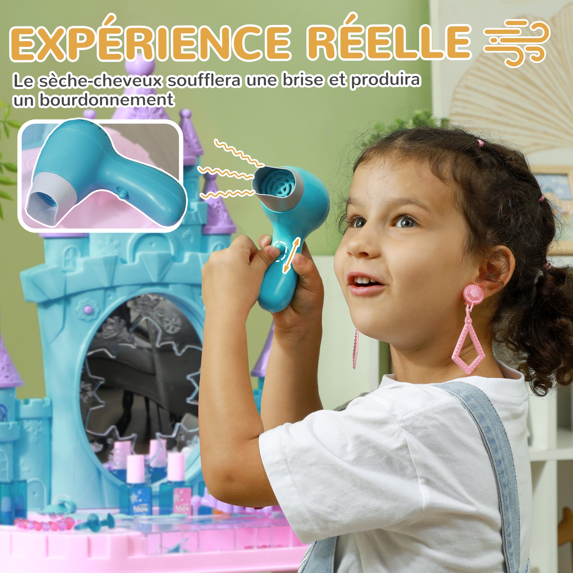 Children's Vanity Set 18 PCS with Mirror and Stool, Castle Design Makeup Table with Light, Music, Hairdryer, for Kids 3-6 Years Old, Multicolor