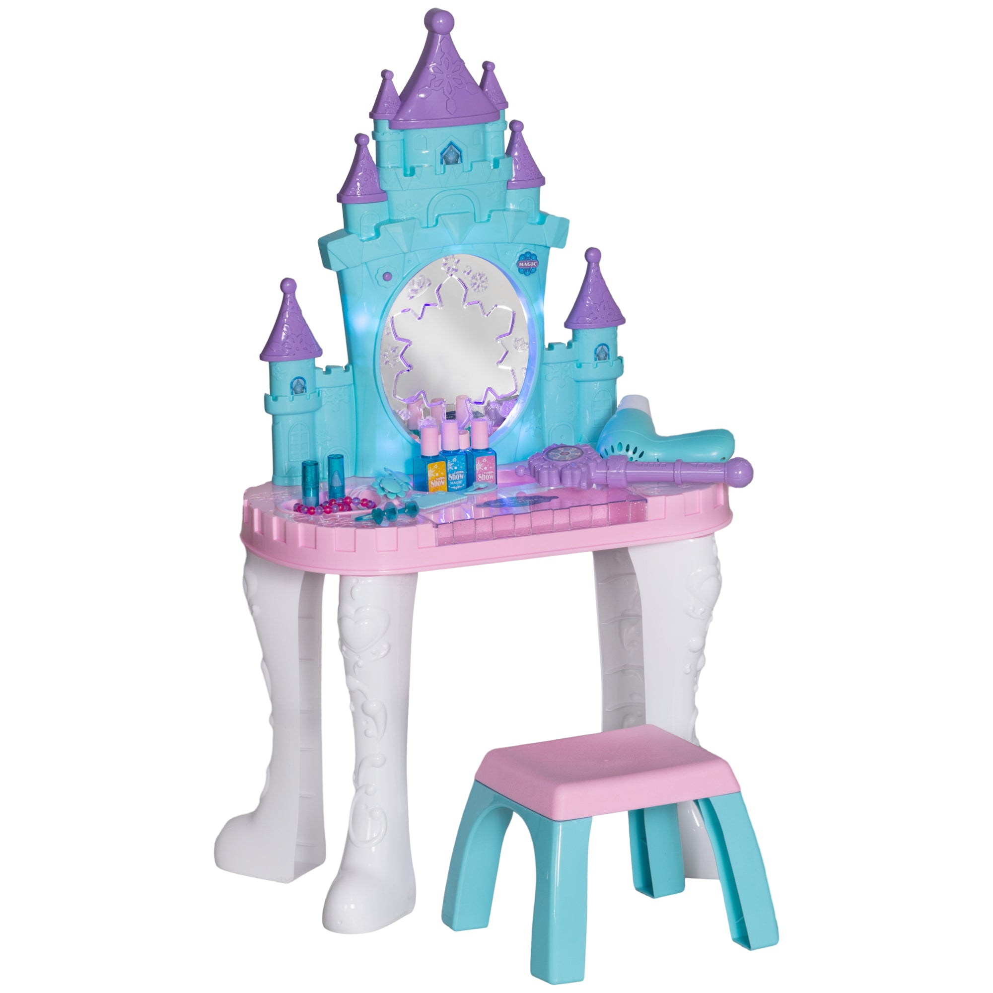 Children's Vanity Set 18 PCS with Mirror and Stool, Castle Design Makeup Table with Light, Music, Hairdryer, for Kids 3-6 Years Old, Multicolor