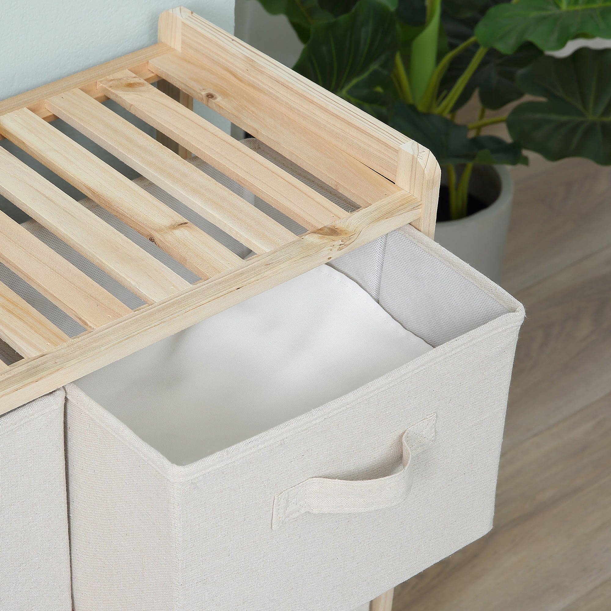 Fabric Drawer Storage Cabinet with 6 Folding Drawers Contemporary Style Natural Wood Frame for Bedroom Office Living Room 59 x 28 x 70 cm Natural Wood Beige