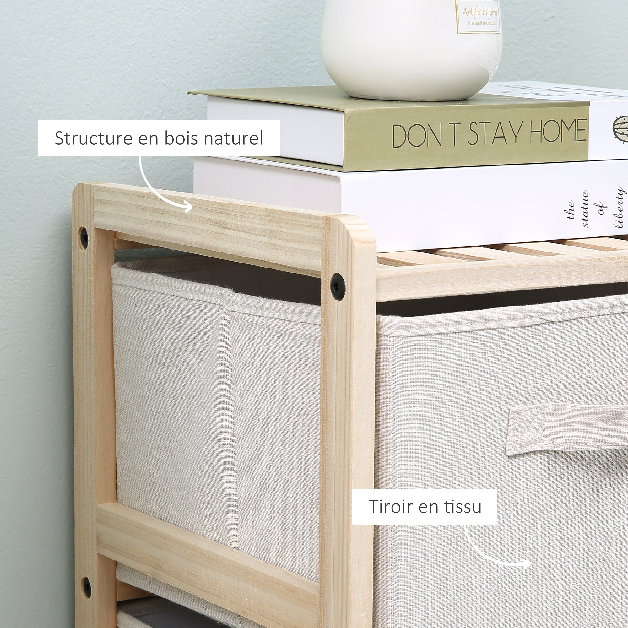 Fabric Drawer Storage Cabinet with 6 Folding Drawers Contemporary Style Natural Wood Frame for Bedroom Office Living Room 59 x 28 x 70 cm Natural Wood Beige