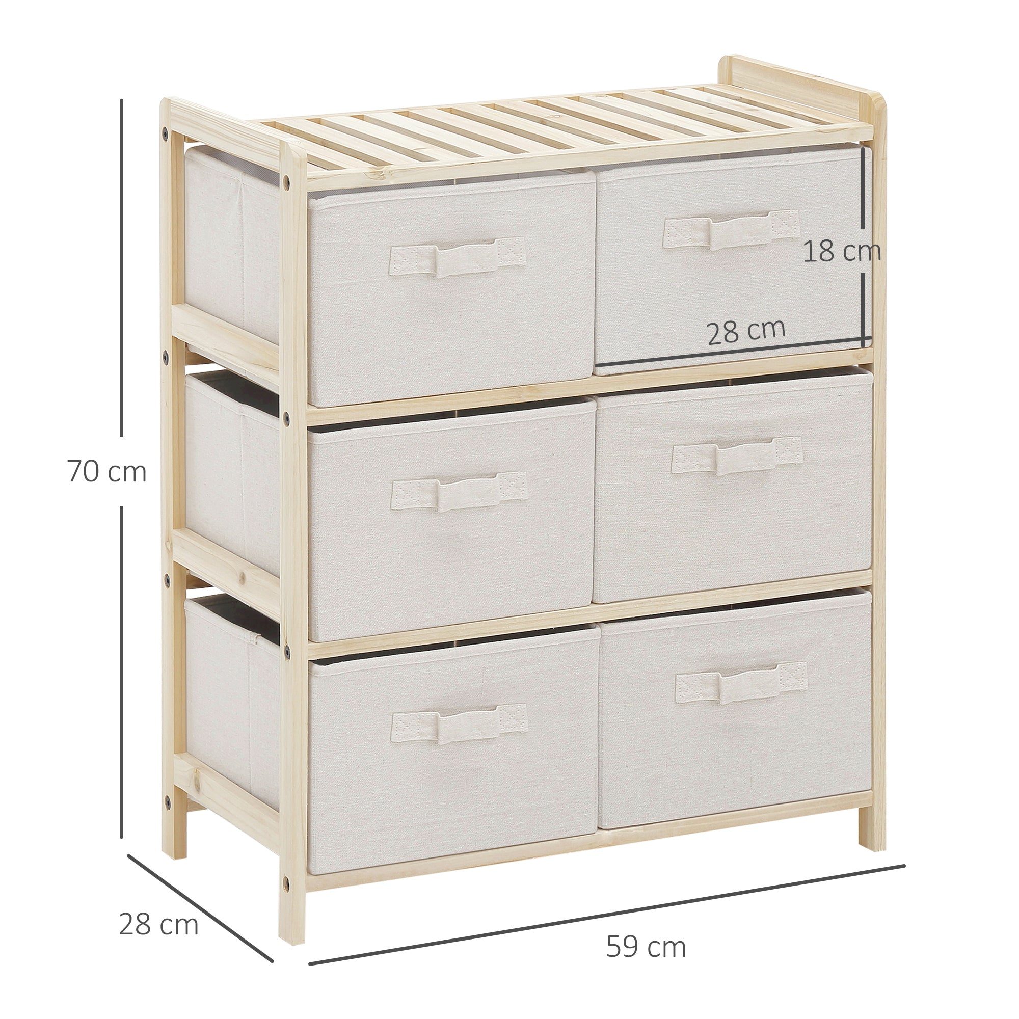 Fabric Drawer Storage Cabinet with 6 Folding Drawers Contemporary Style Natural Wood Frame for Bedroom Office Living Room 59 x 28 x 70 cm Natural Wood Beige