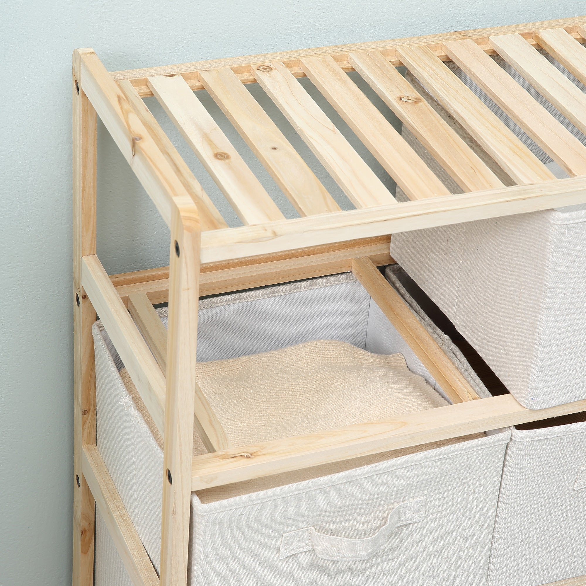 Fabric Drawer Storage Cabinet with 6 Folding Drawers Contemporary Style Natural Wood Frame for Bedroom Office Living Room 59 x 28 x 70 cm Natural Wood Beige