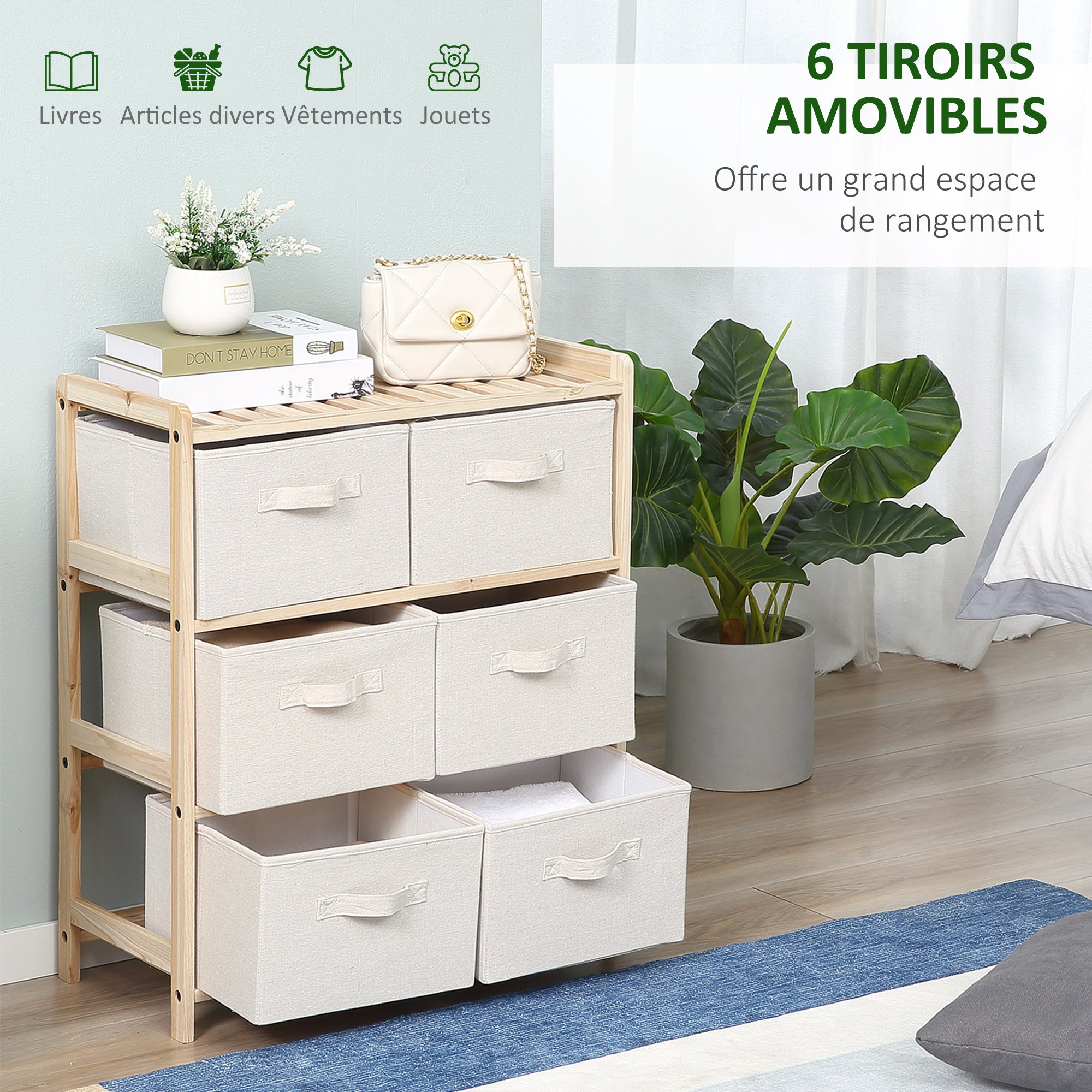 Fabric Drawer Storage Cabinet with 6 Folding Drawers Contemporary Style Natural Wood Frame for Bedroom Office Living Room 59 x 28 x 70 cm Natural Wood Beige