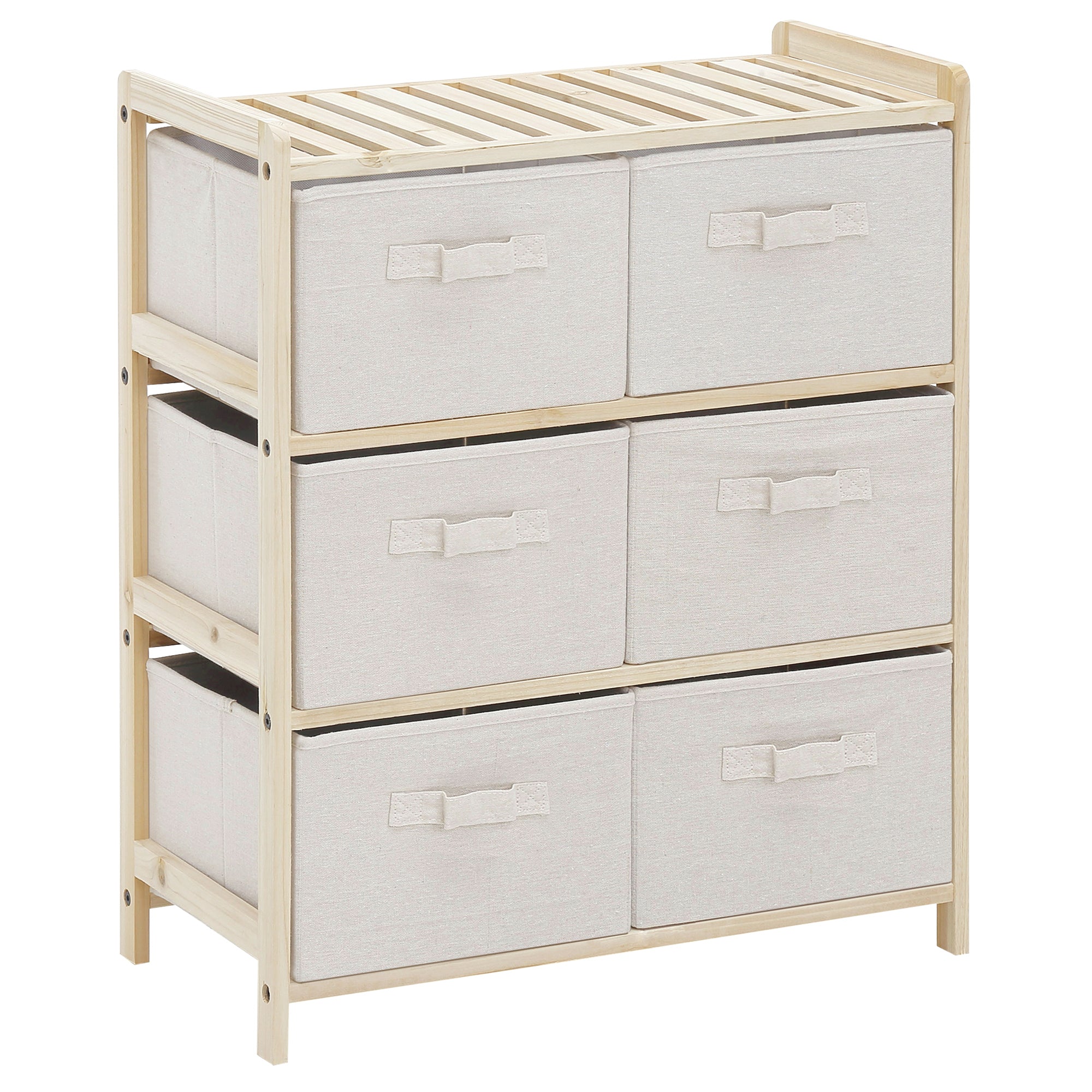 Fabric Drawer Storage Cabinet with 6 Folding Drawers Contemporary Style Natural Wood Frame for Bedroom Office Living Room 59 x 28 x 70 cm Natural Wood Beige