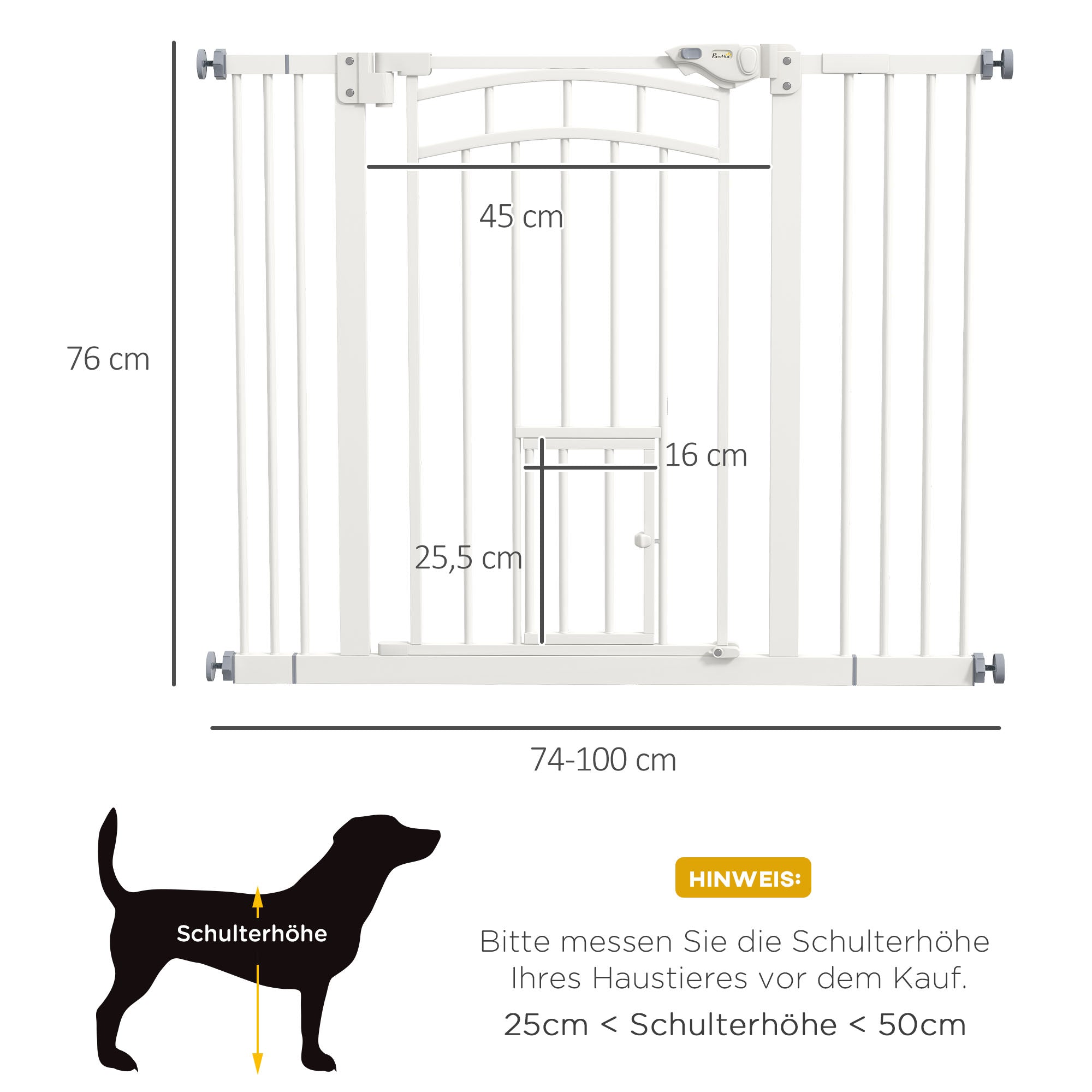 Dog Stair Gate, Dog Barrier Gate with Self-Closing Door, 74-100 cm, Door Guard with Cat Flap, No Drilling, Dog Barrier for Dogs, White
