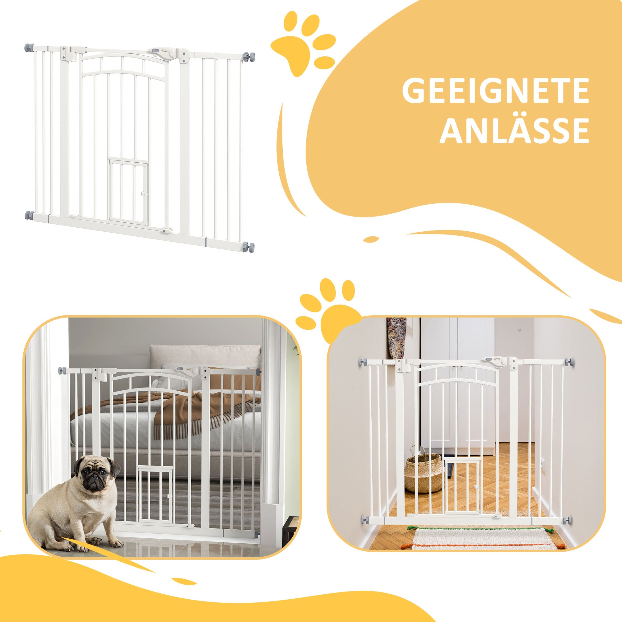 Dog Stair Gate, Dog Barrier Gate with Self-Closing Door, 74-100 cm, Door Guard with Cat Flap, No Drilling, Dog Barrier for Dogs, White