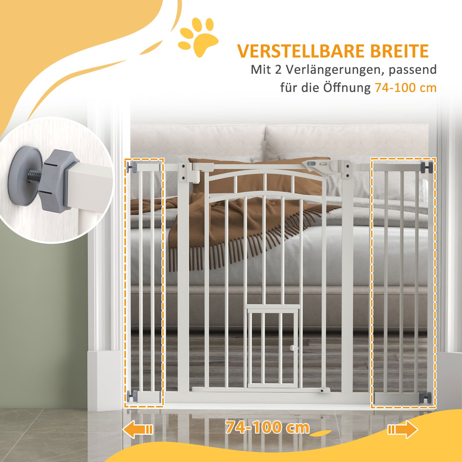 Dog Stair Gate, Dog Barrier Gate with Self-Closing Door, 74-100 cm, Door Guard with Cat Flap, No Drilling, Dog Barrier for Dogs, White