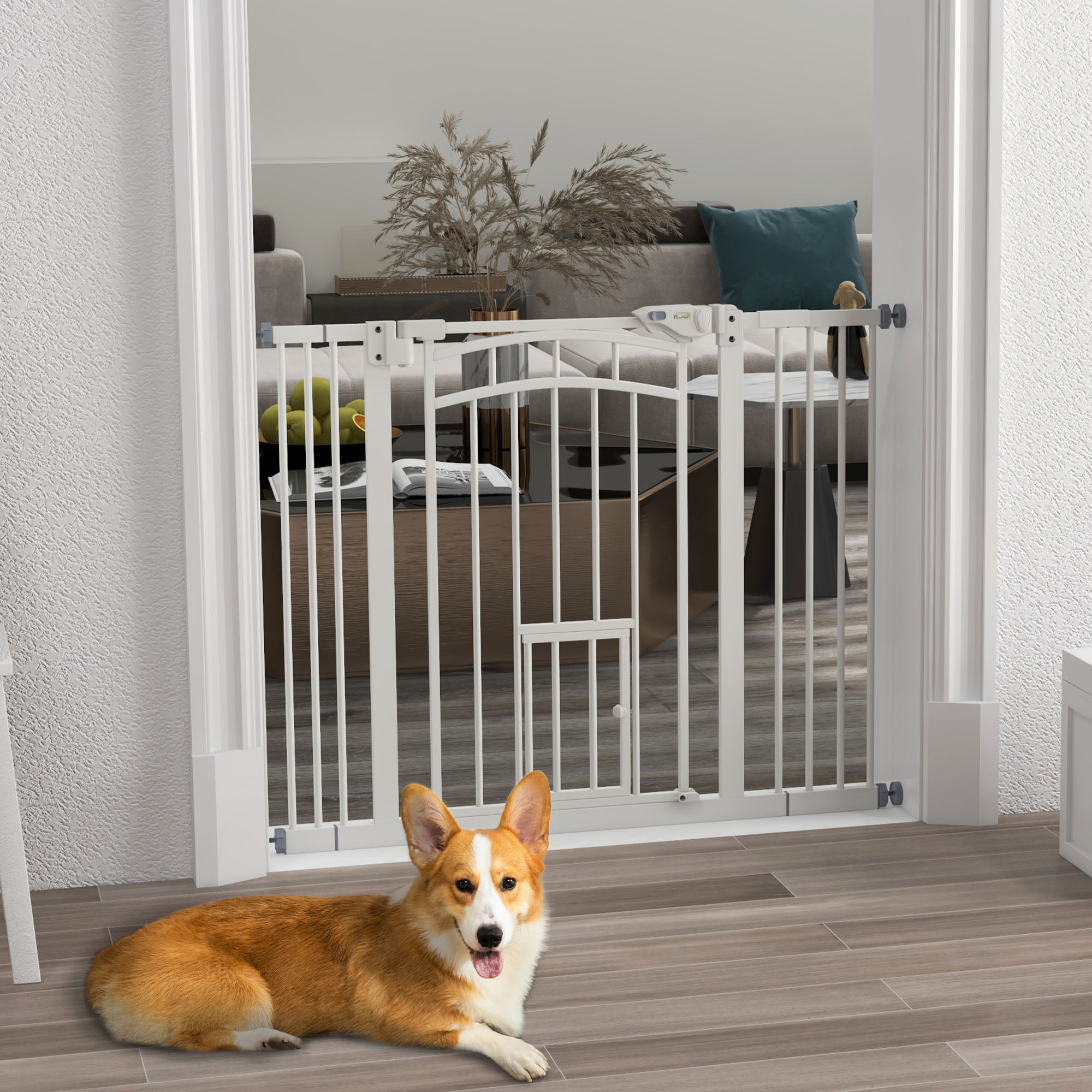 Dog Stair Gate, Dog Barrier Gate with Self-Closing Door, 74-100 cm, Door Guard with Cat Flap, No Drilling, Dog Barrier for Dogs, White