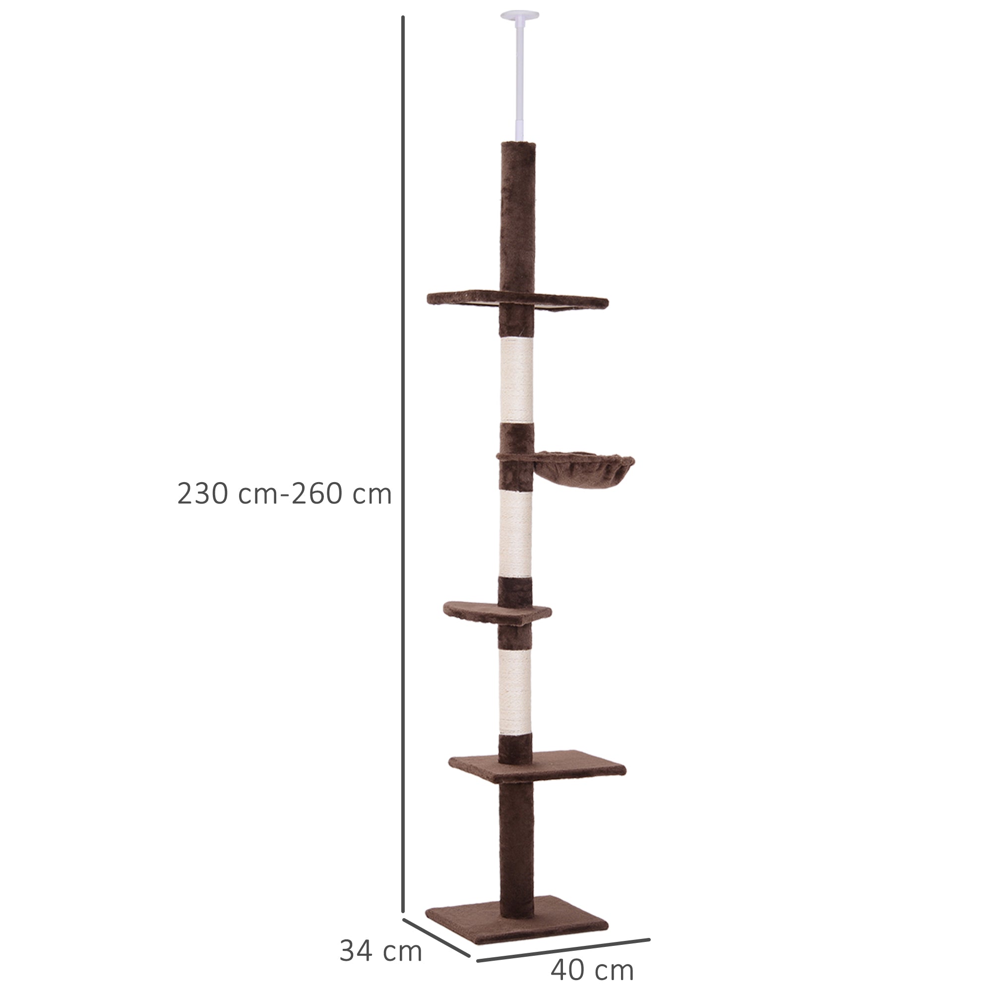 Ceiling-High Adjustable Scratching Post, Sturdy Cat Tree with Sisal Pillars, Cat Climbing Tree, Brown, 40 x 34 x 230-260 cm
