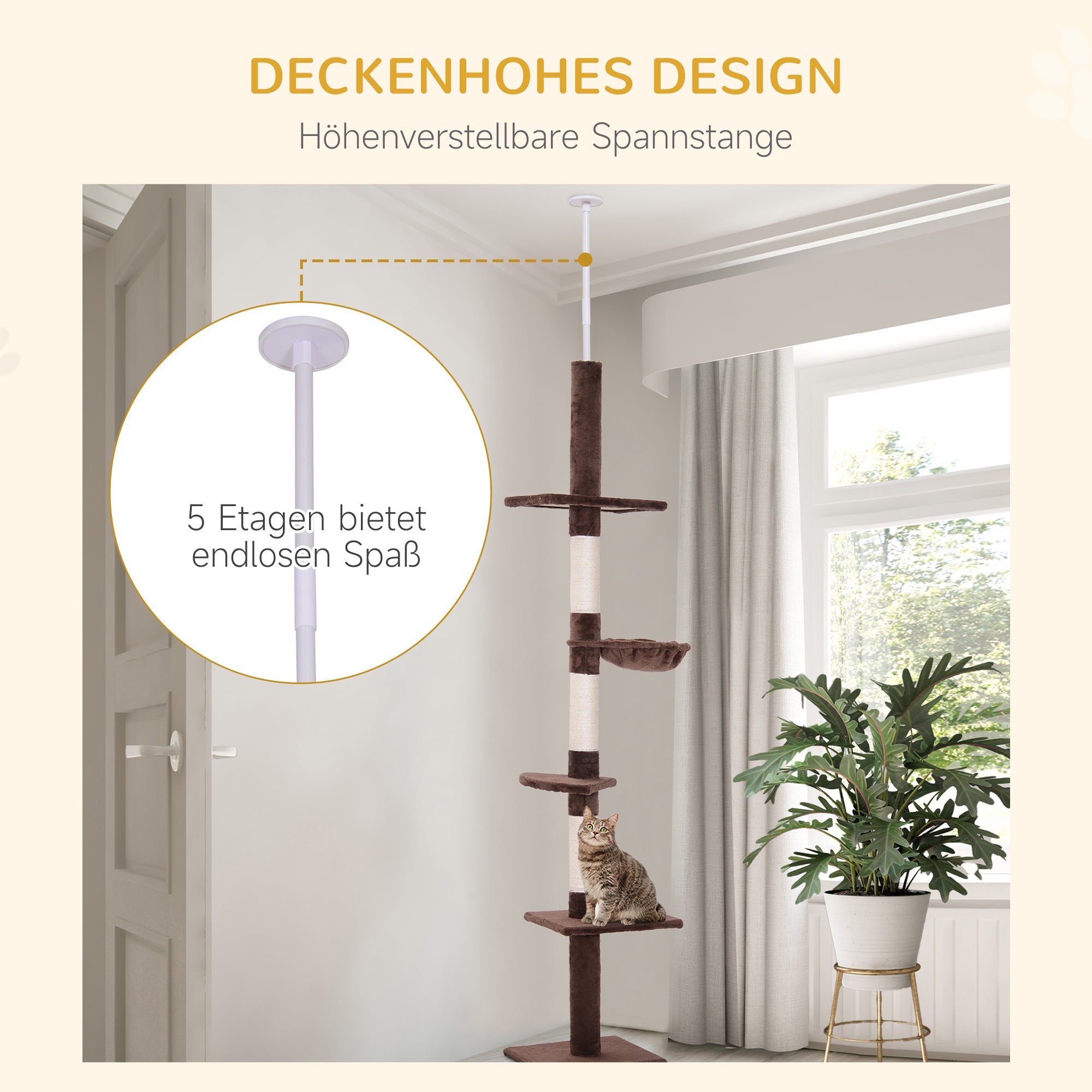 Ceiling-High Adjustable Scratching Post, Sturdy Cat Tree with Sisal Pillars, Cat Climbing Tree, Brown, 40 x 34 x 230-260 cm