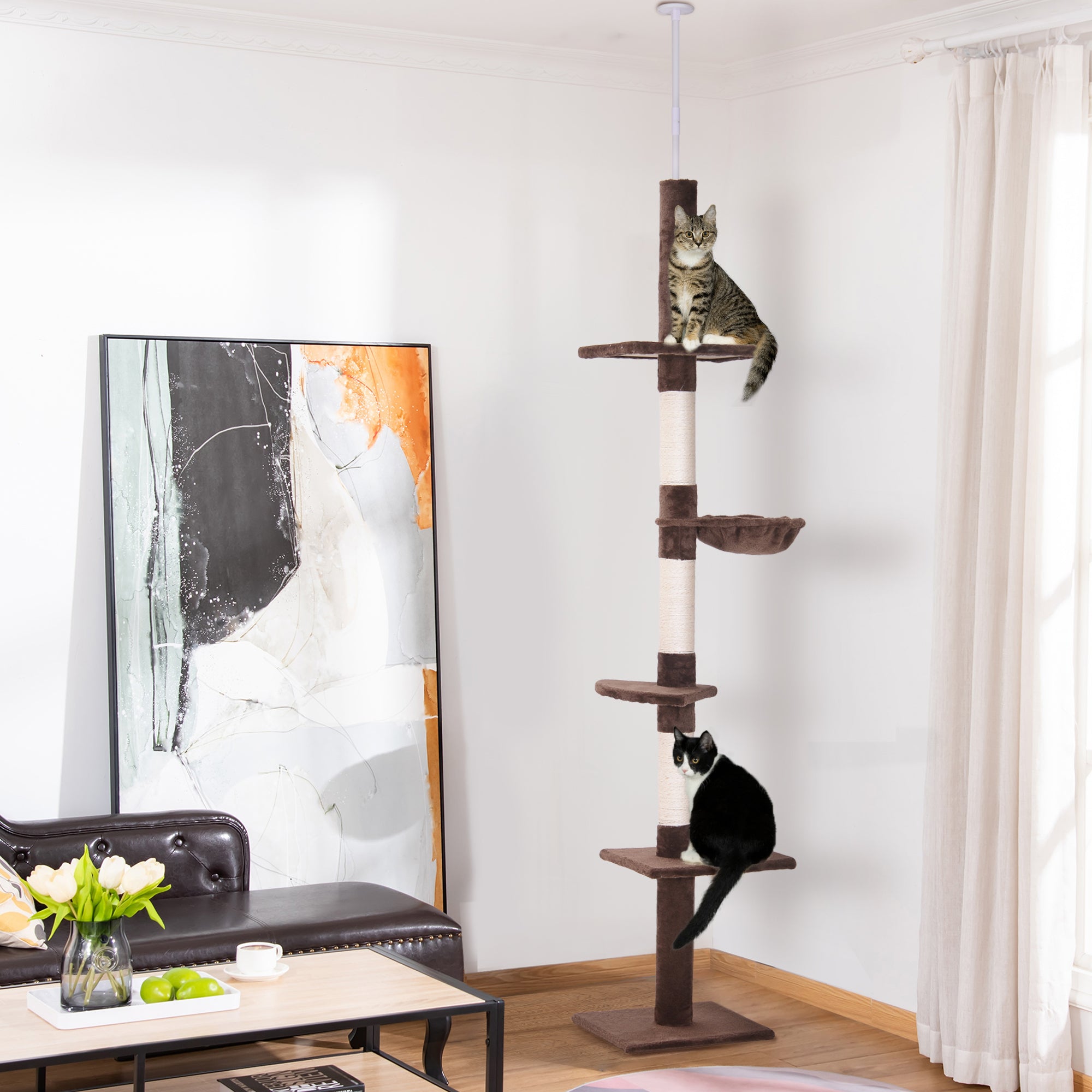 Ceiling-High Adjustable Scratching Post, Sturdy Cat Tree with Sisal Pillars, Cat Climbing Tree, Brown, 40 x 34 x 230-260 cm