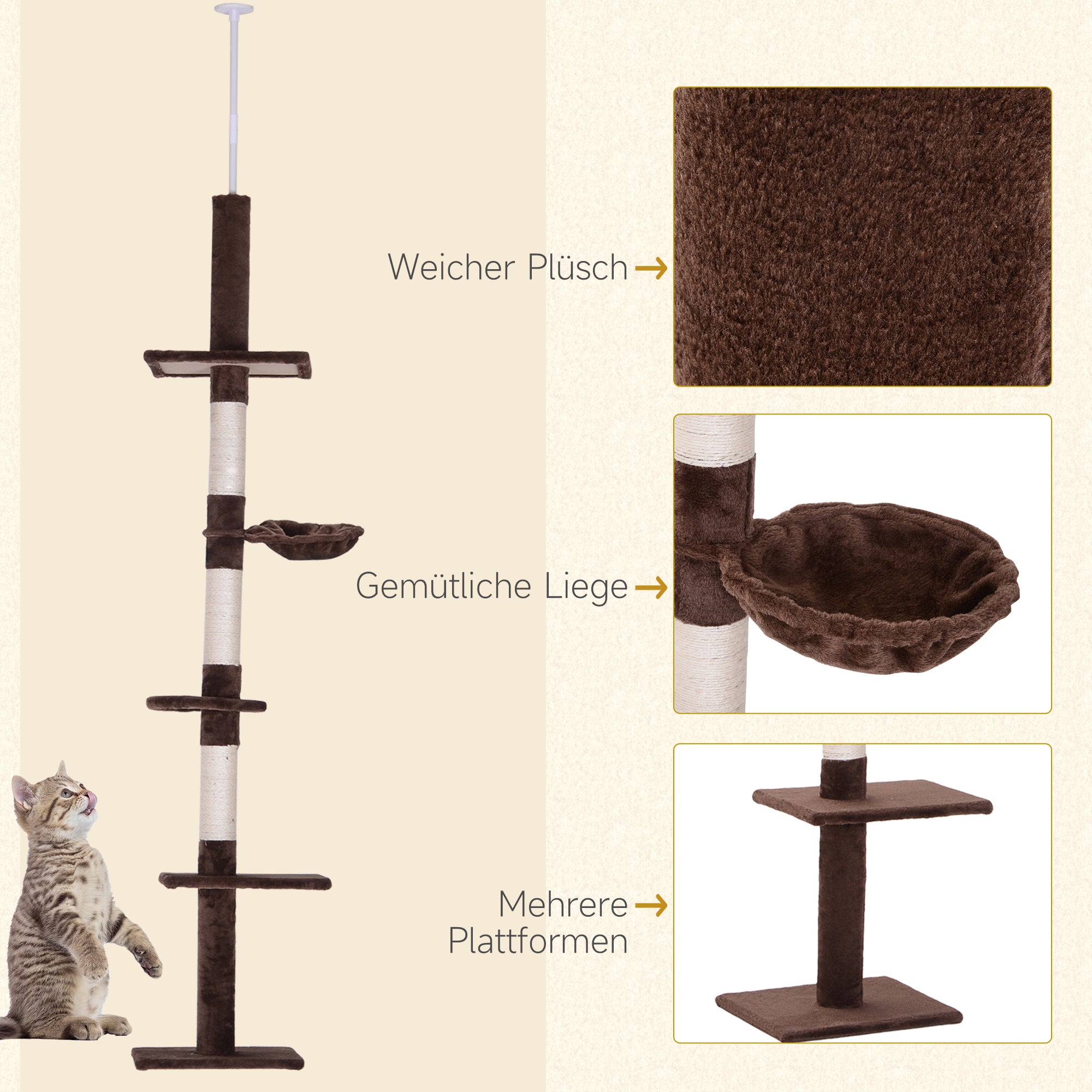 Ceiling-High Adjustable Scratching Post, Sturdy Cat Tree with Sisal Pillars, Cat Climbing Tree, Brown, 40 x 34 x 230-260 cm