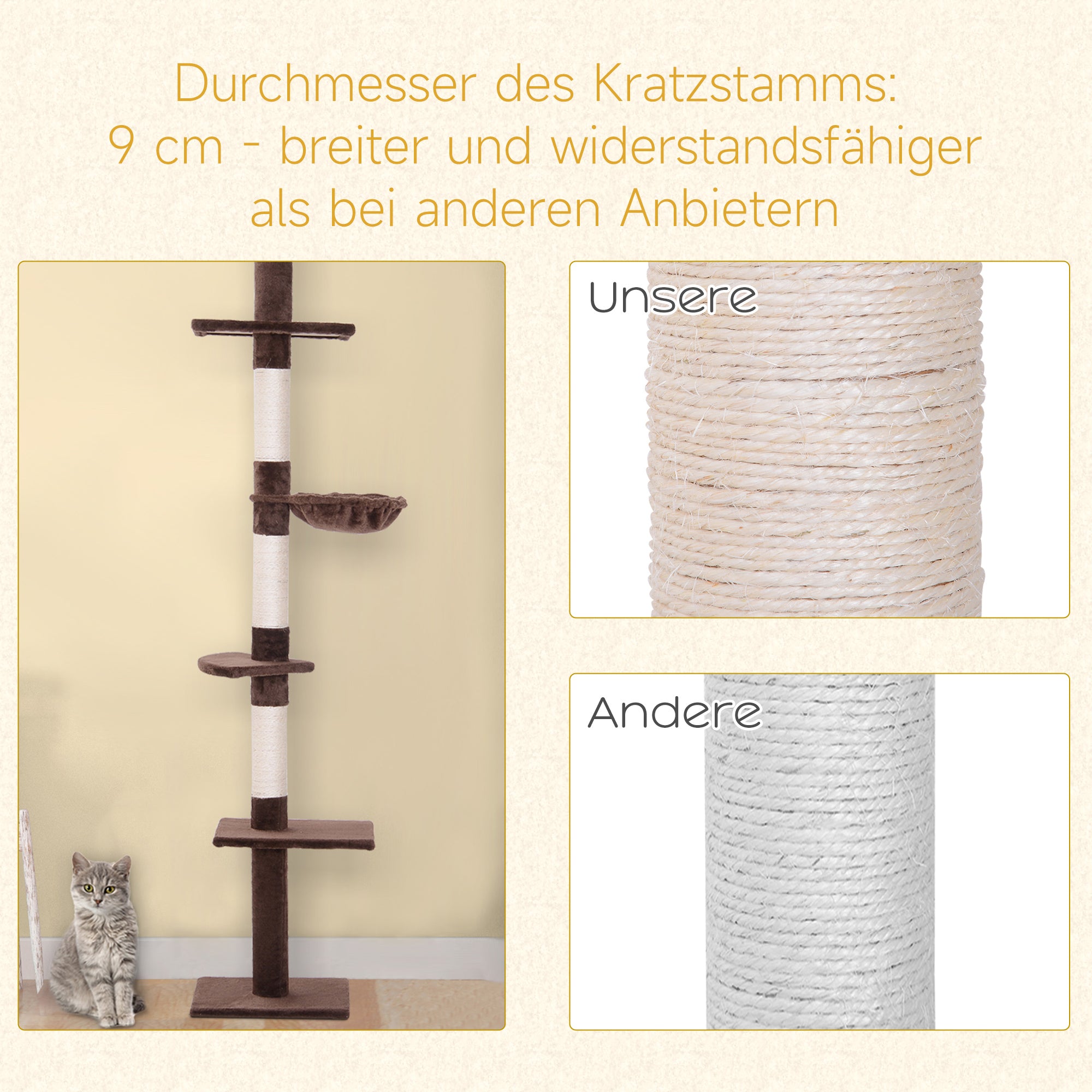Ceiling-High Adjustable Scratching Post, Sturdy Cat Tree with Sisal Pillars, Cat Climbing Tree, Brown, 40 x 34 x 230-260 cm
