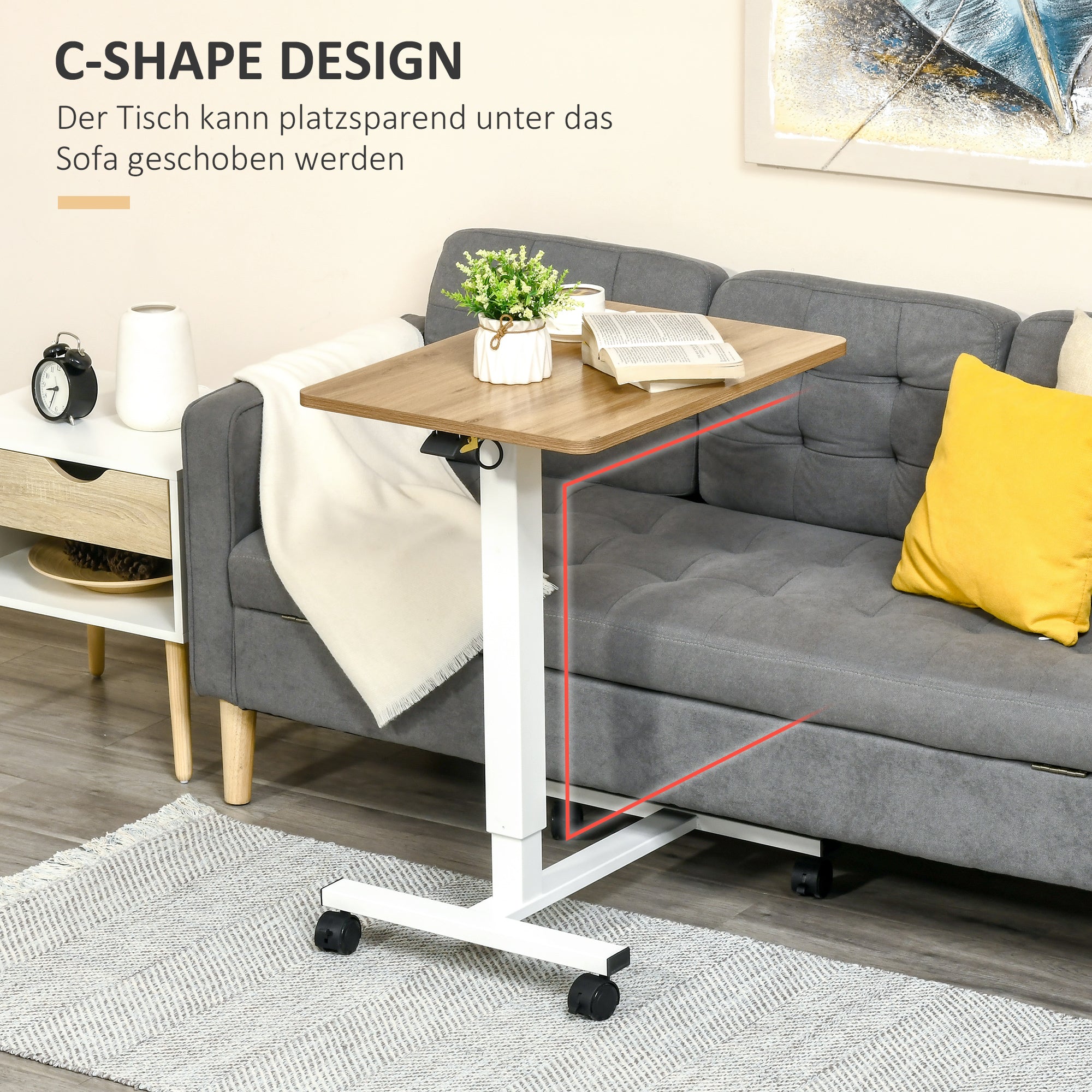 Height Adjustable C-shaped Standing Desk Space-Saving Laptop Table Standing Desk Side Table with Wheels for Study Living Room Natural+White Load Capacity 70 kg 65 x 48 x 70-110 cm