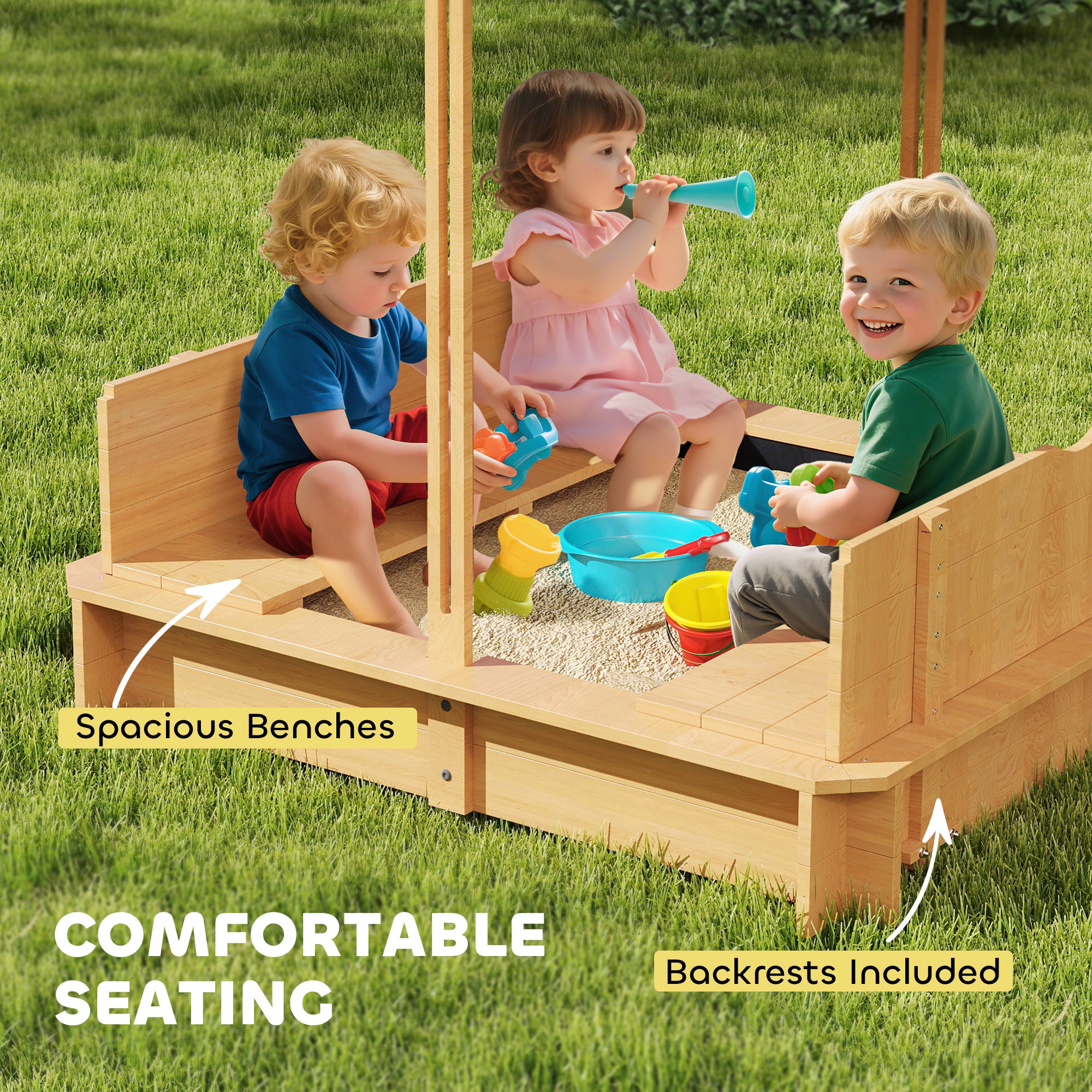 Children's Wooden Sandbox with Adjustable Canopy, 2 Benches, and Removable Backrests for Patio Garden 106x106x115 cm Natural Wood with Green and White Stripes