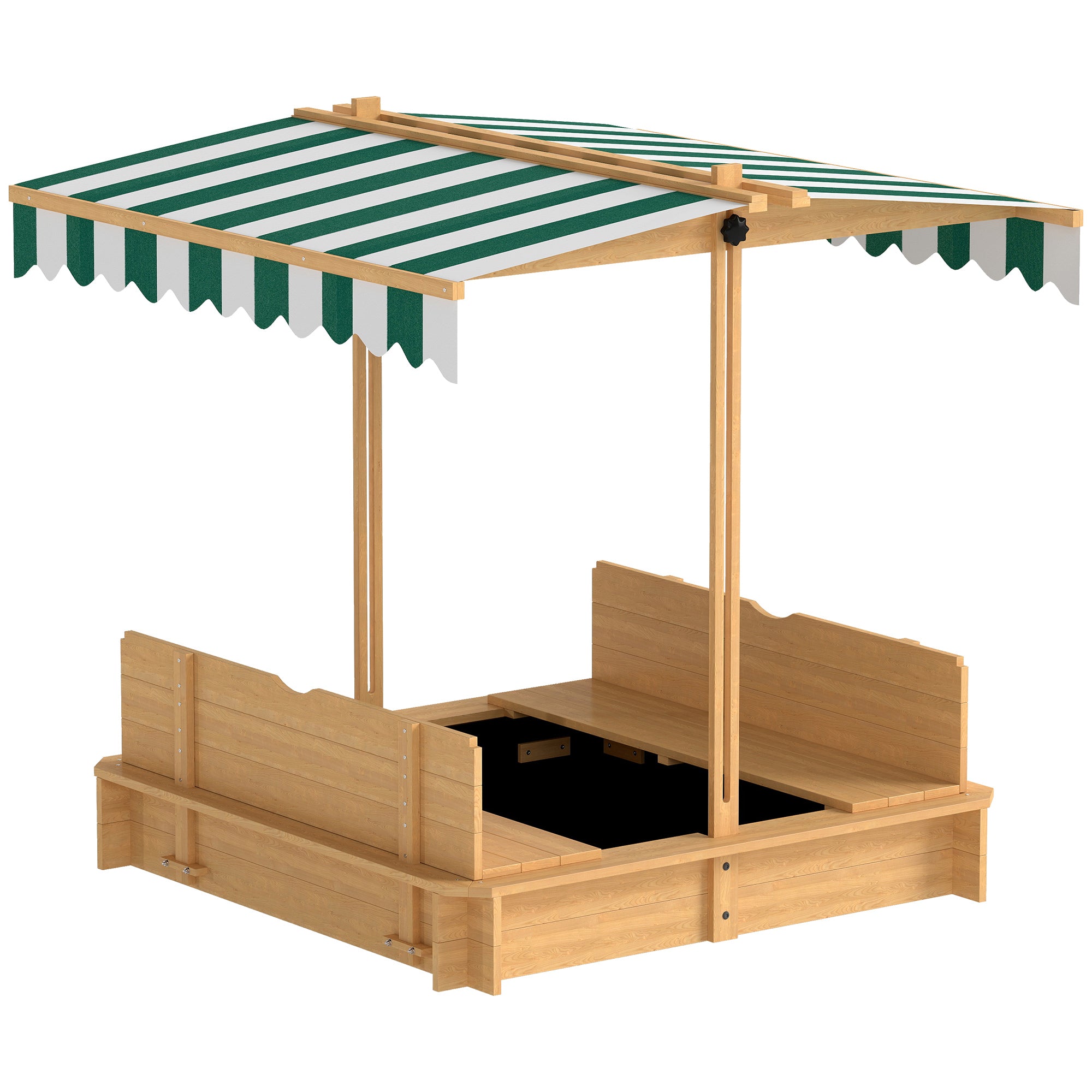 Children's Wooden Sandbox with Adjustable Canopy, 2 Benches, and Removable Backrests for Patio Garden 106x106x115 cm Natural Wood with Green and White Stripes