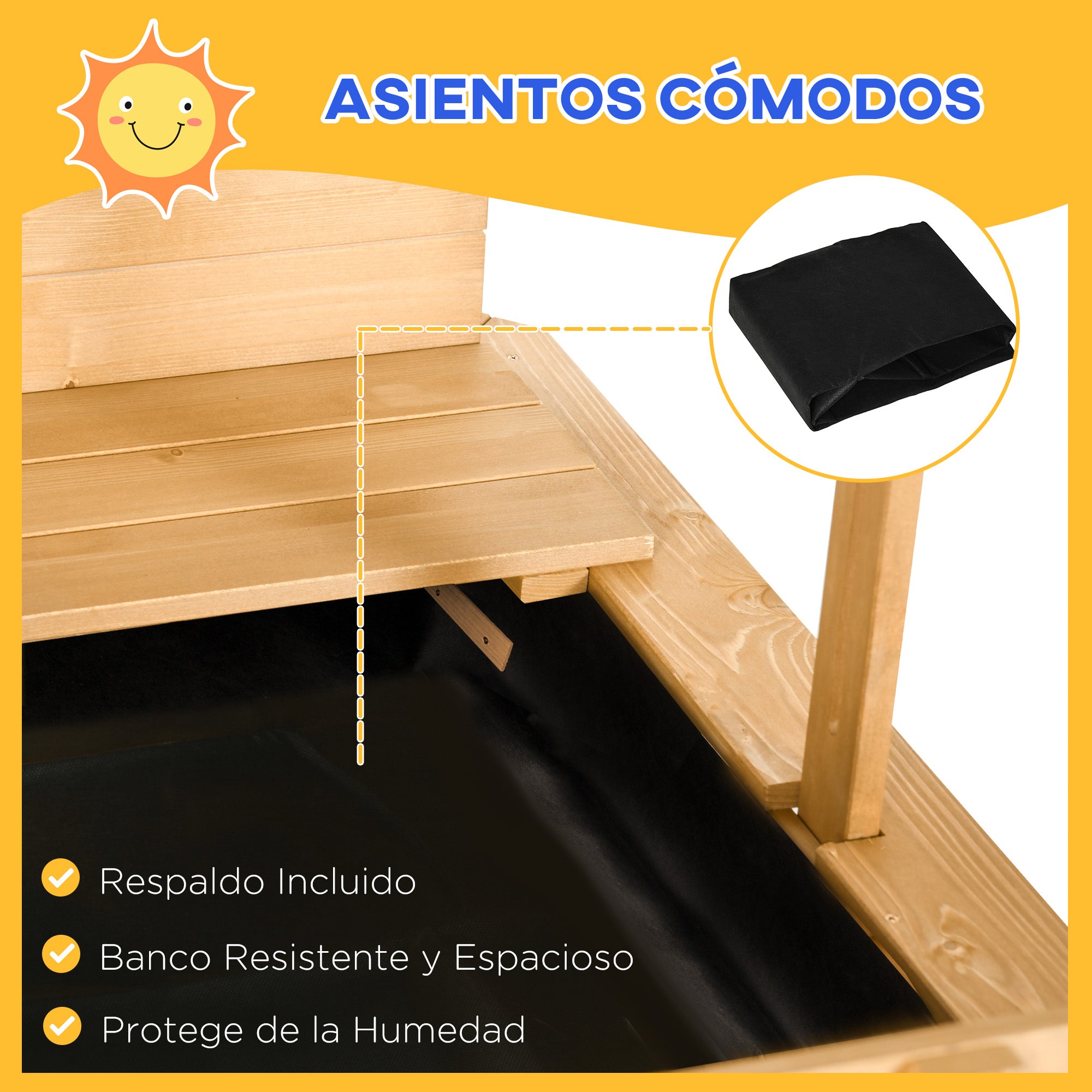 Children's Wooden Sandbox with Adjustable Canopy, 2 Benches, and Removable Backrests for Patio Garden 106x106x115 cm Natural Wood with Green and White Stripes