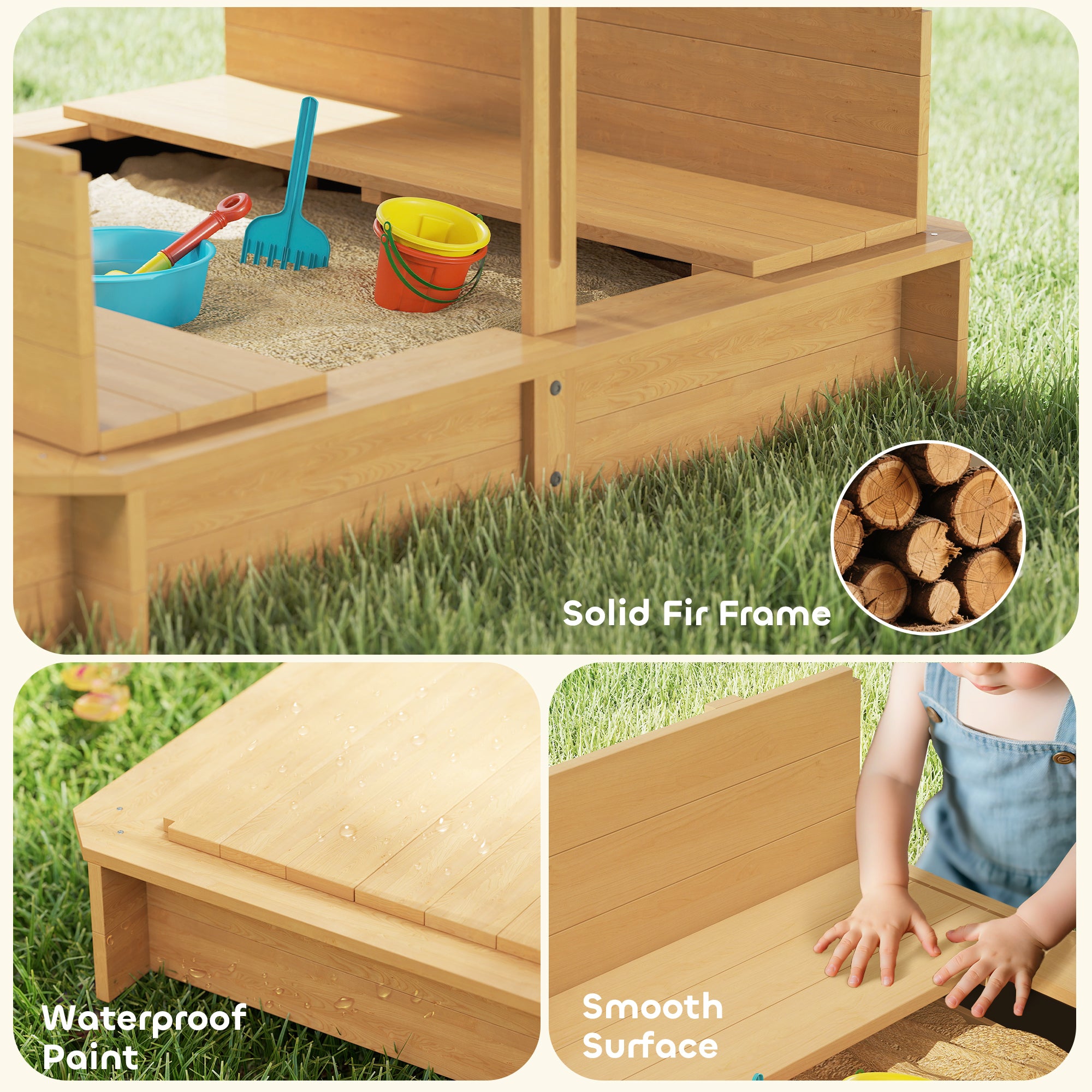Children's Wooden Sandbox with Adjustable Canopy, 2 Benches, and Removable Backrests for Patio Garden 106x106x115 cm Natural Wood with Green and White Stripes