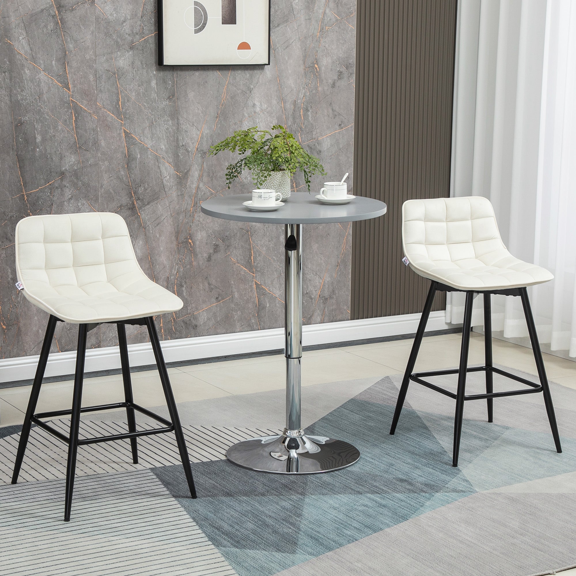 Set of 2 High Stools in Nordic Style with Backrest and Footrest, Stools with Velvet Effect Fabric and Metal Backrest, 45x47x84 cm, Cream