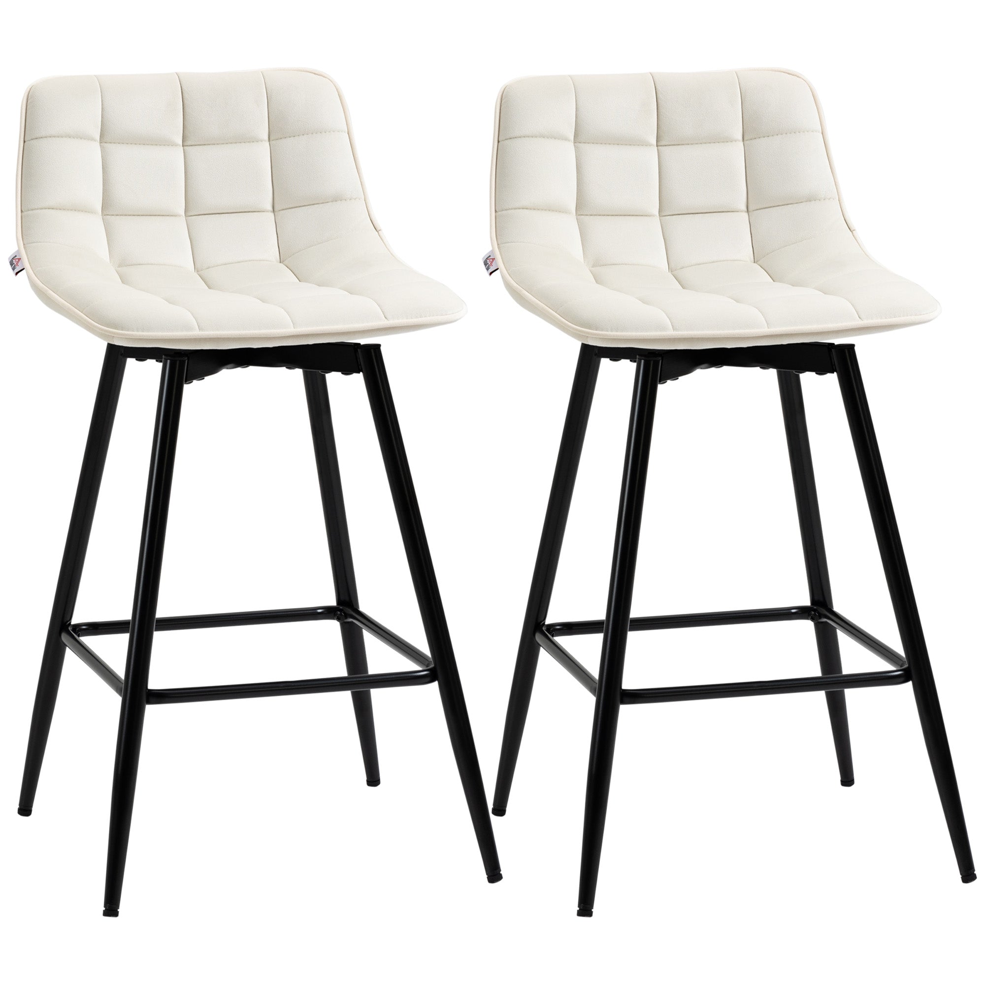Set of 2 High Stools in Nordic Style with Backrest and Footrest, Stools with Velvet Effect Fabric and Metal Backrest, 45x47x84 cm, Cream