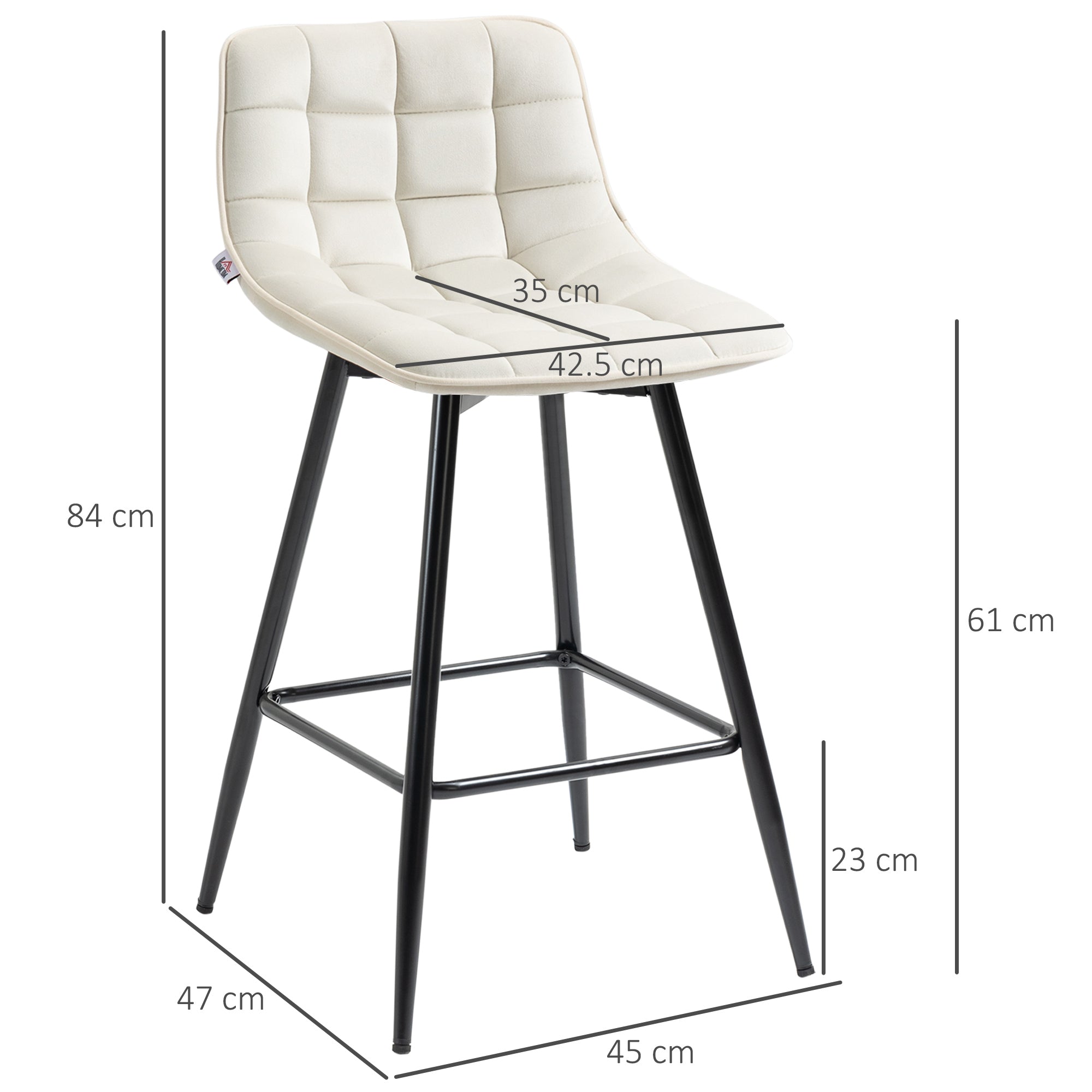 Set of 2 High Stools in Nordic Style with Backrest and Footrest, Stools with Velvet Effect Fabric and Metal Backrest, 45x47x84 cm, Cream