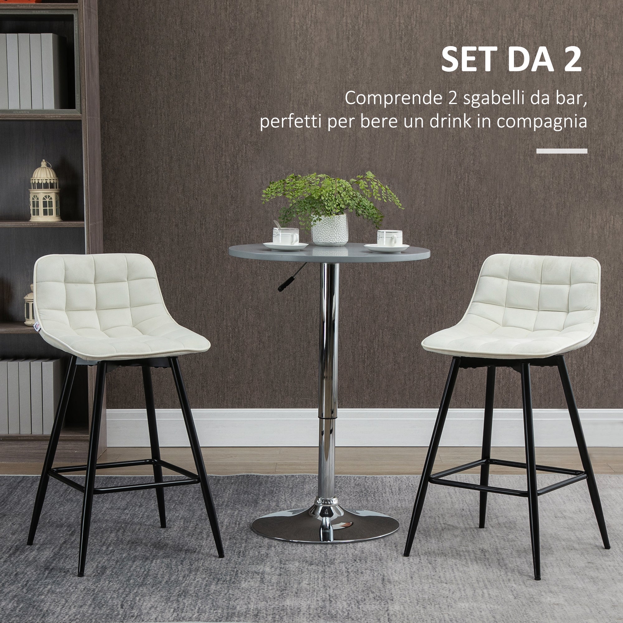 Set of 2 High Stools in Nordic Style with Backrest and Footrest, Stools with Velvet Effect Fabric and Metal Backrest, 45x47x84 cm, Cream