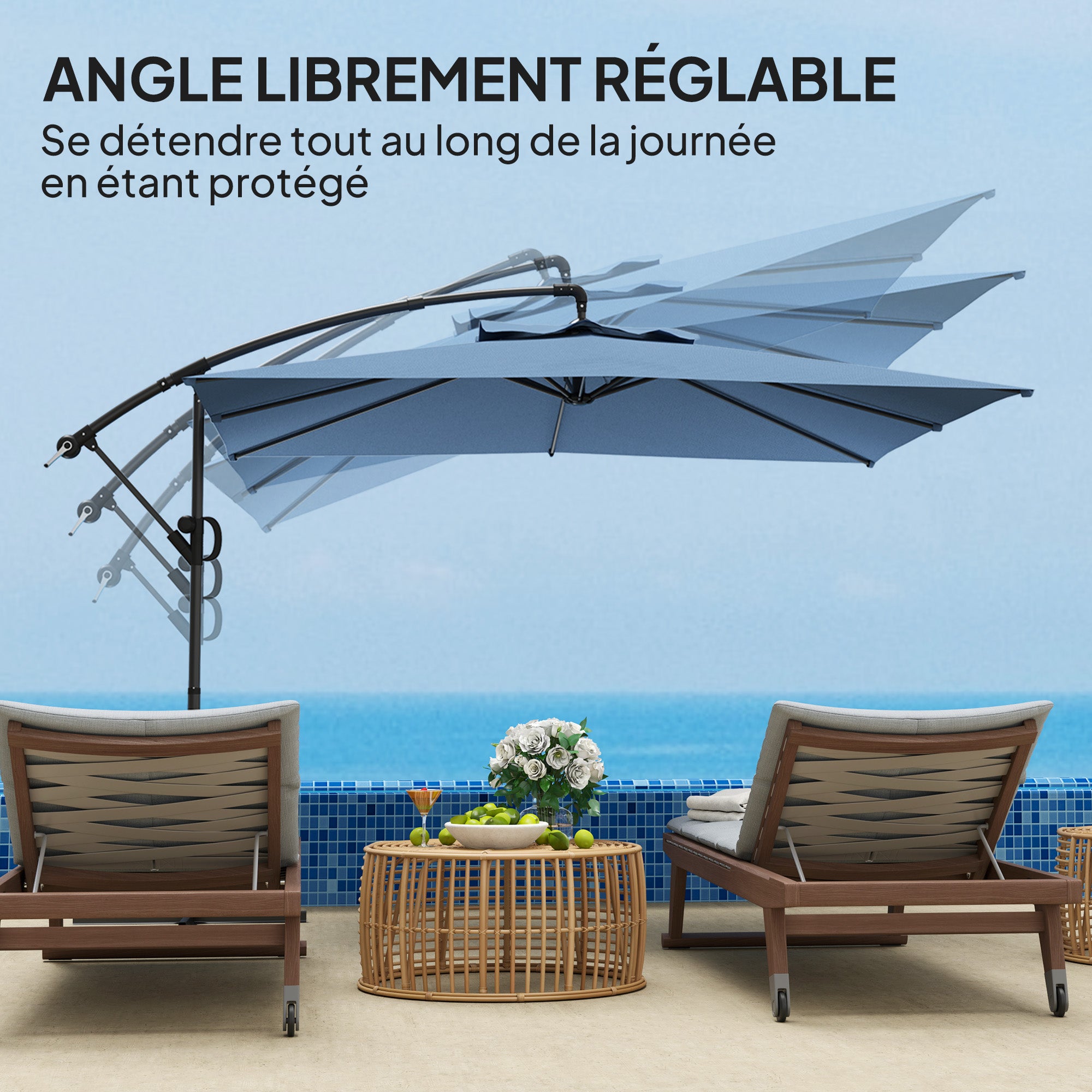 Square Offset Patio Umbrella 3 x 3m, Outdoor Garden Umbrella with Crank, Cross Base, Tilt and 360° Rotation, 180 g/m² Polyester Canopy, UV Protection UPF50+, Light Blue