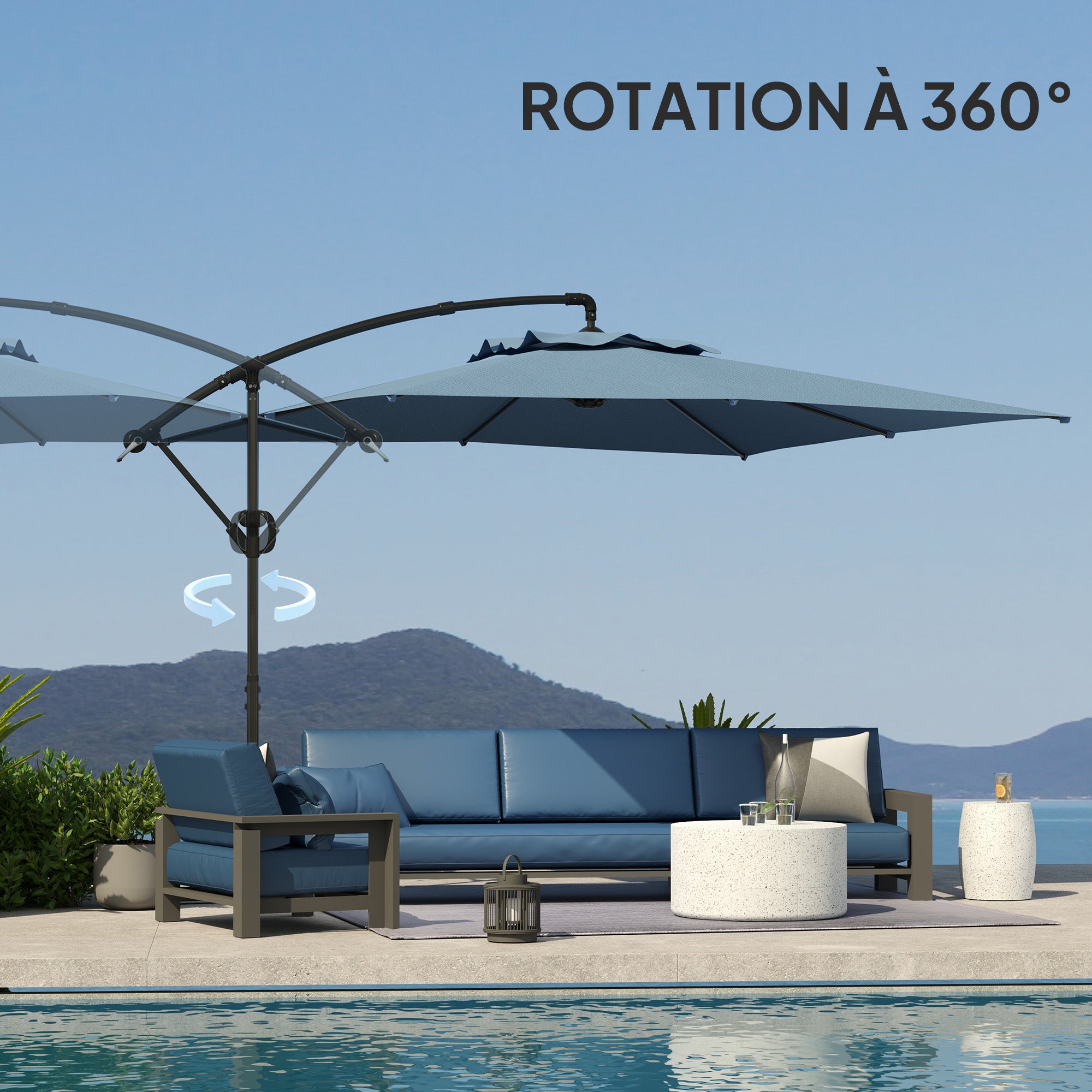 Square Offset Patio Umbrella 3 x 3m, Outdoor Garden Umbrella with Crank, Cross Base, Tilt and 360° Rotation, 180 g/m² Polyester Canopy, UV Protection UPF50+, Light Blue