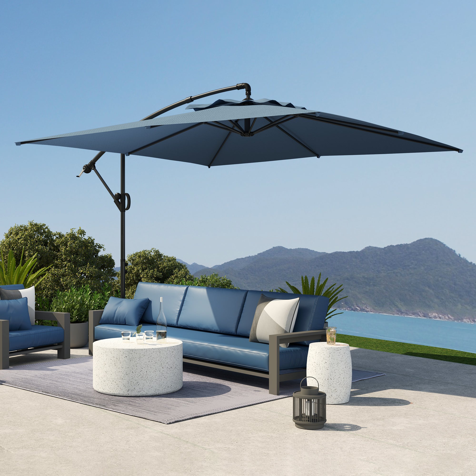Square Offset Patio Umbrella 3 x 3m, Outdoor Garden Umbrella with Crank, Cross Base, Tilt and 360° Rotation, 180 g/m² Polyester Canopy, UV Protection UPF50+, Light Blue