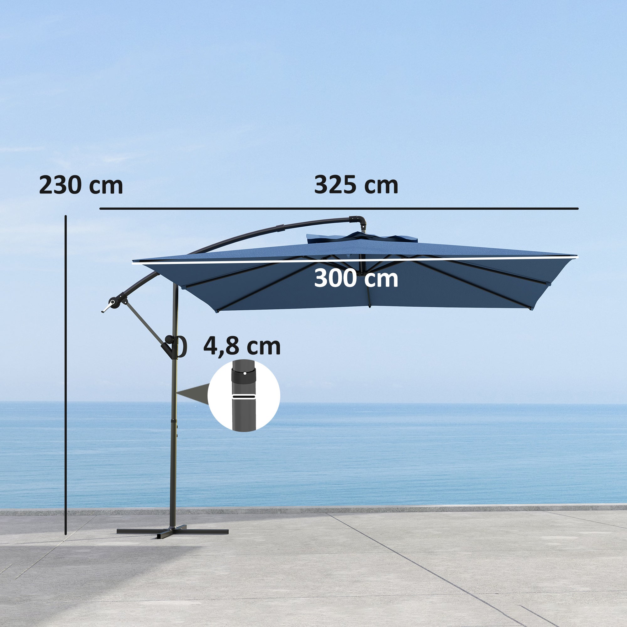 Square Offset Patio Umbrella 3 x 3m, Outdoor Garden Umbrella with Crank, Cross Base, Tilt and 360° Rotation, 180 g/m² Polyester Canopy, UV Protection UPF50+, Light Blue