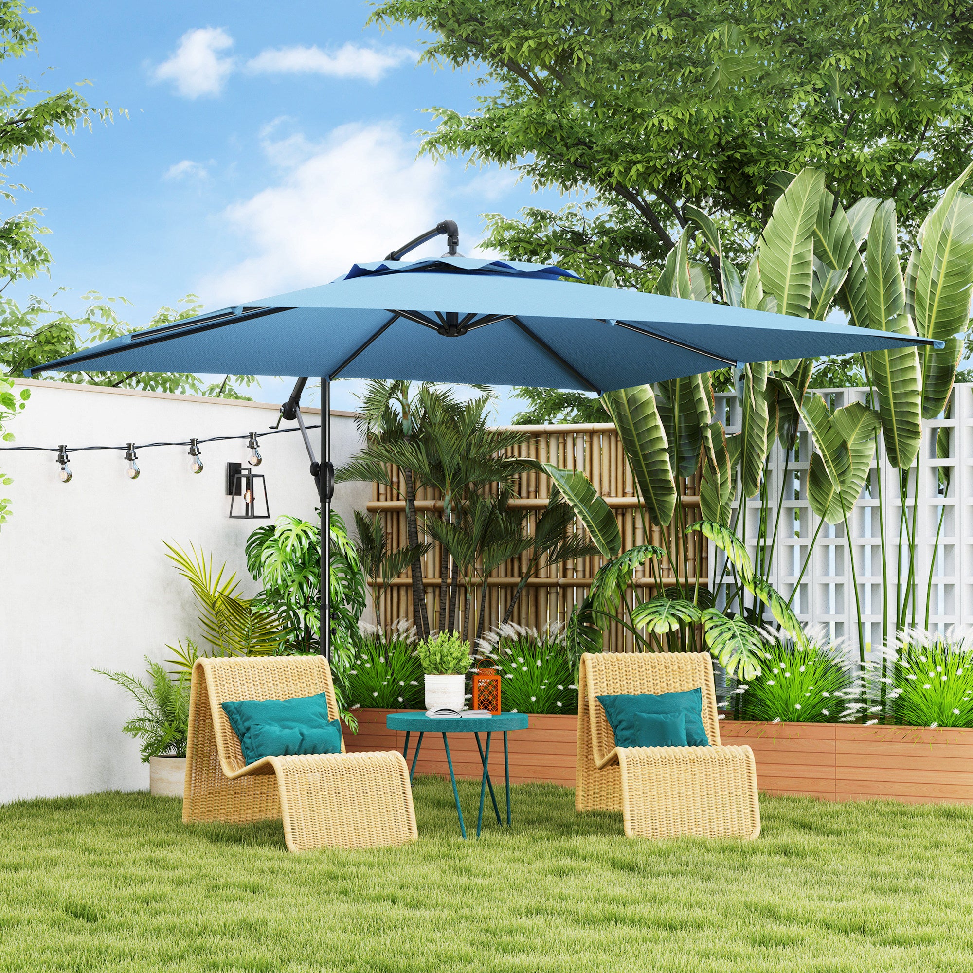 Square Offset Patio Umbrella 3 x 3m, Outdoor Garden Umbrella with Crank, Cross Base, Tilt and 360° Rotation, 180 g/m² Polyester Canopy, UV Protection UPF50+, Light Blue