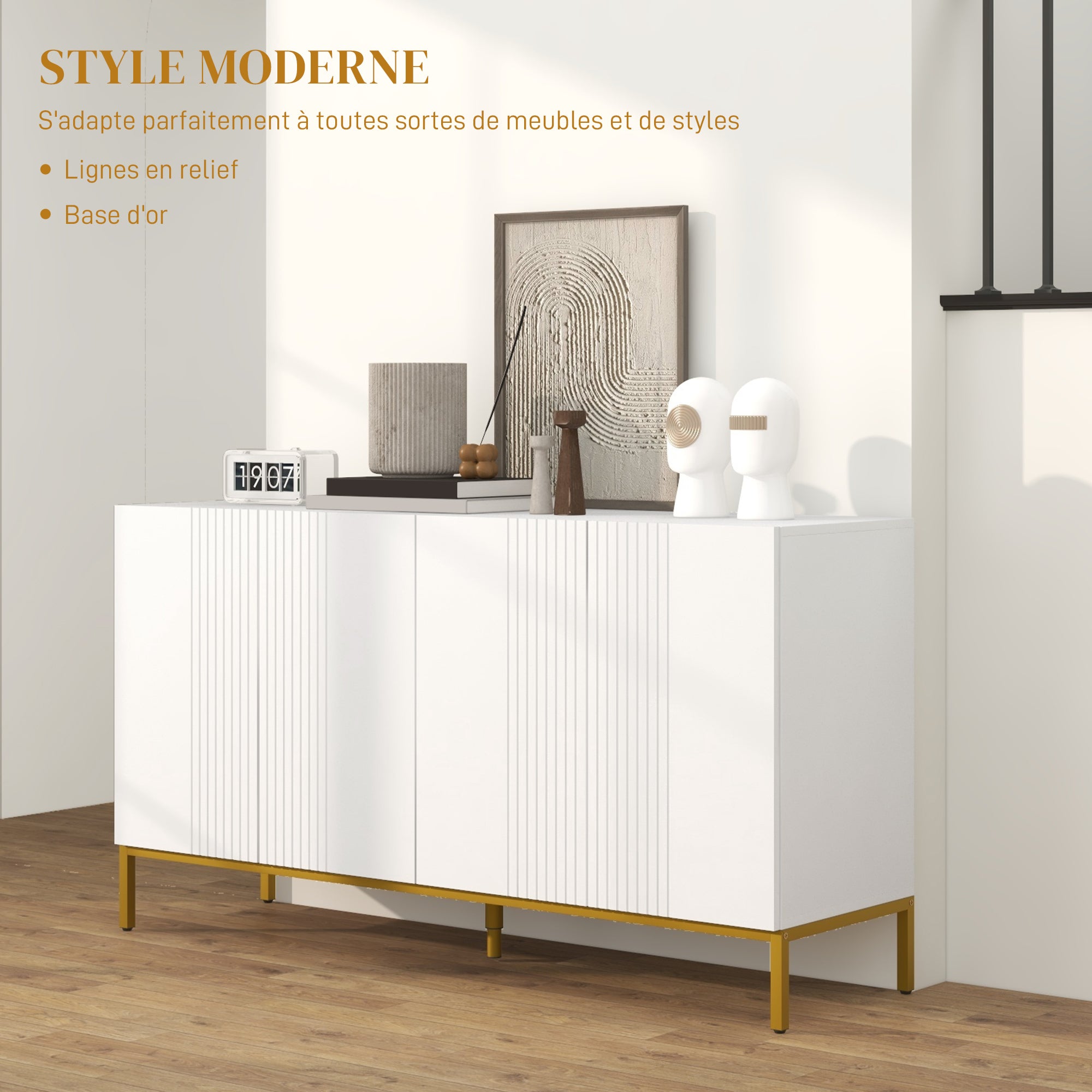 Contemporary Graphic Design Storage Buffet Cabinet with 2 Cupboards Adjustable Shelves White Wood Golden Metal