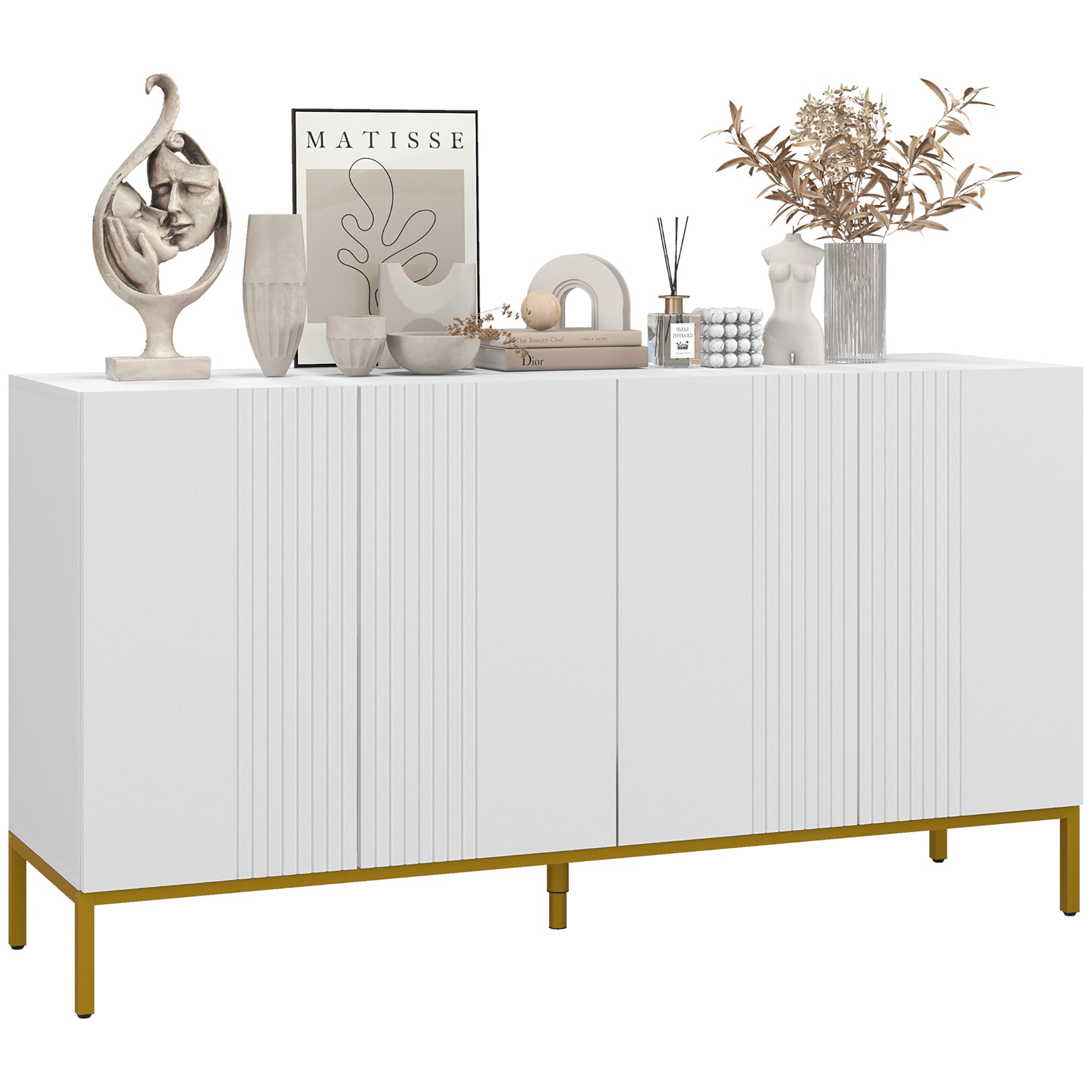 Contemporary Graphic Design Storage Buffet Cabinet with 2 Cupboards Adjustable Shelves White Wood Golden Metal