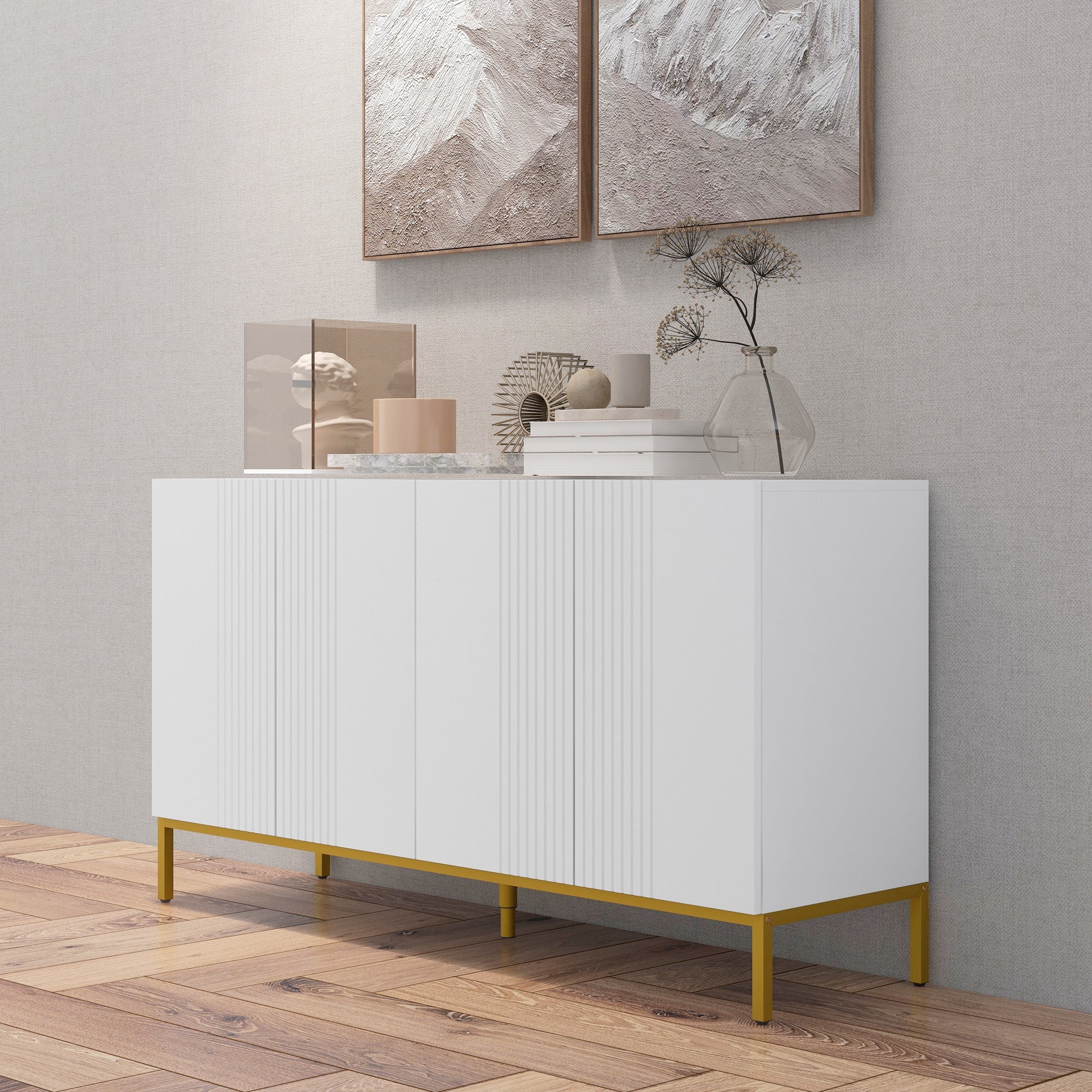 Contemporary Graphic Design Storage Buffet Cabinet with 2 Cupboards Adjustable Shelves White Wood Golden Metal
