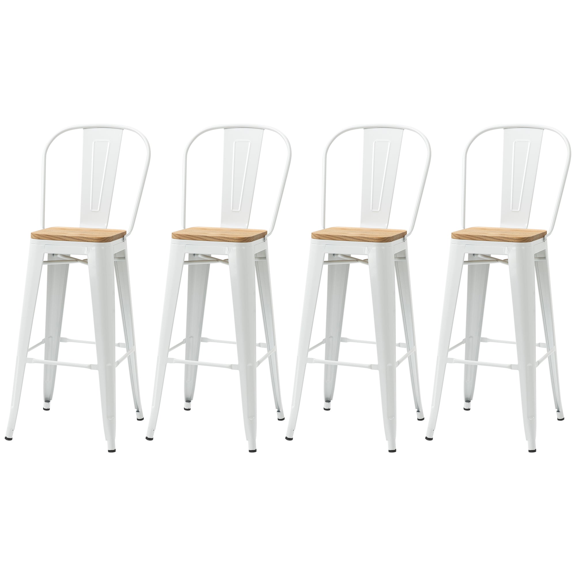 Set of 4 Stackable High Kitchen Stools with High Backrest Bar Stools Bar Chairs with Footrest Wood Seat and Steel Frame Load 120 kg 44x48x117 cm White