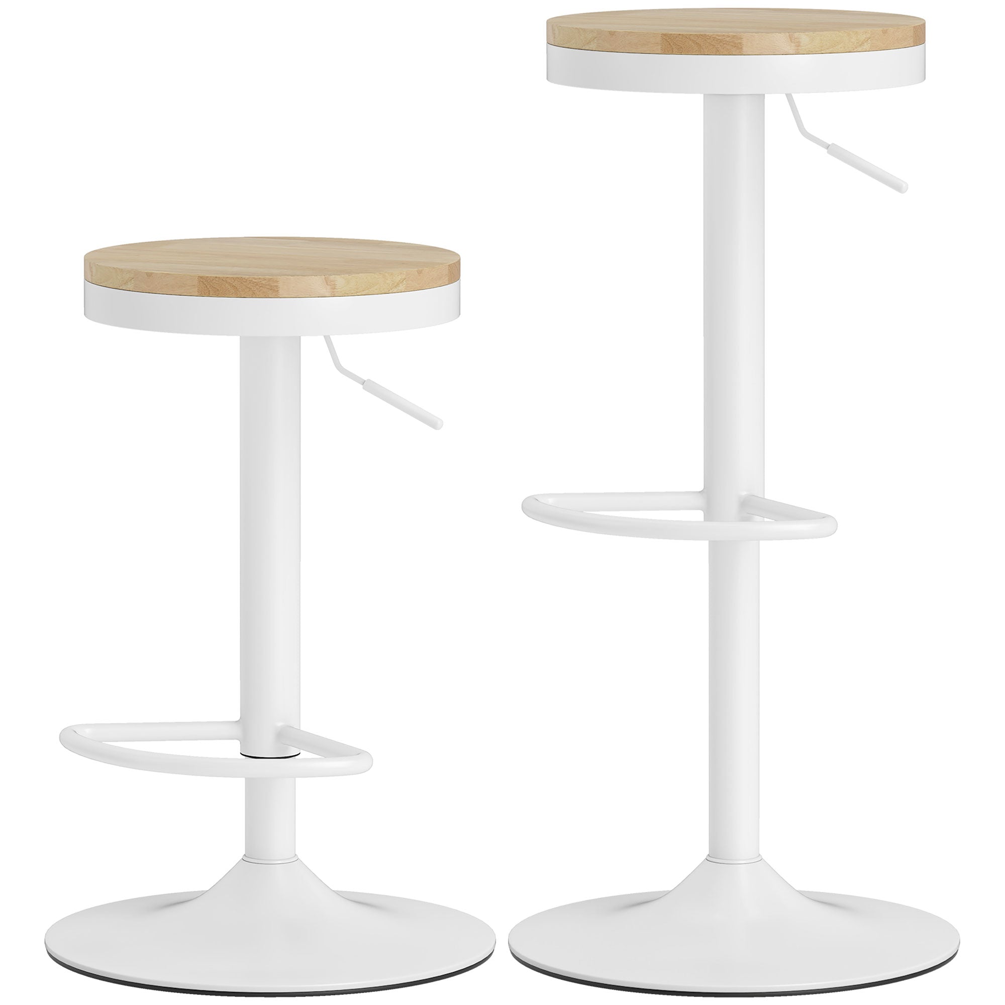 Set of 2 Adjustable 360° Swivel Bar Stools – Natural Wood Seat & White Steel Frame