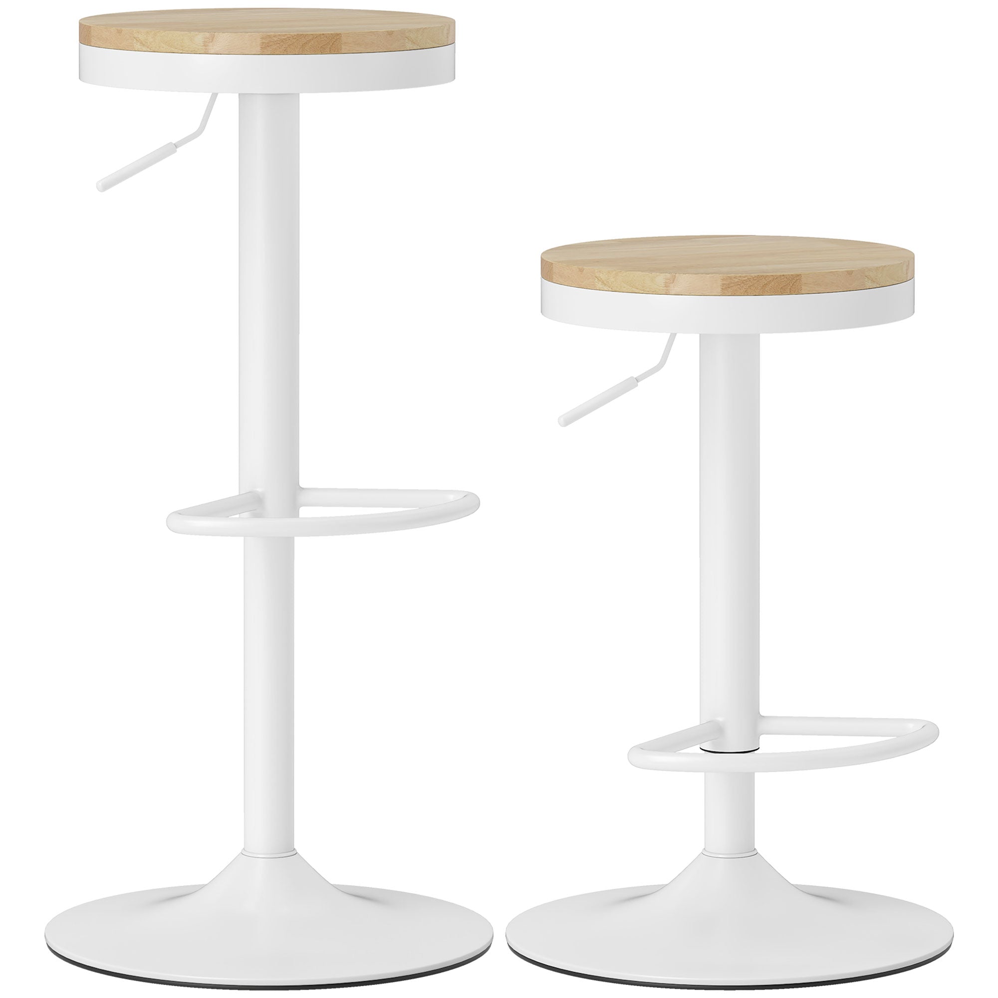 Set of 2 Adjustable 360° Swivel Bar Stools – Natural Wood Seat & White Steel Frame